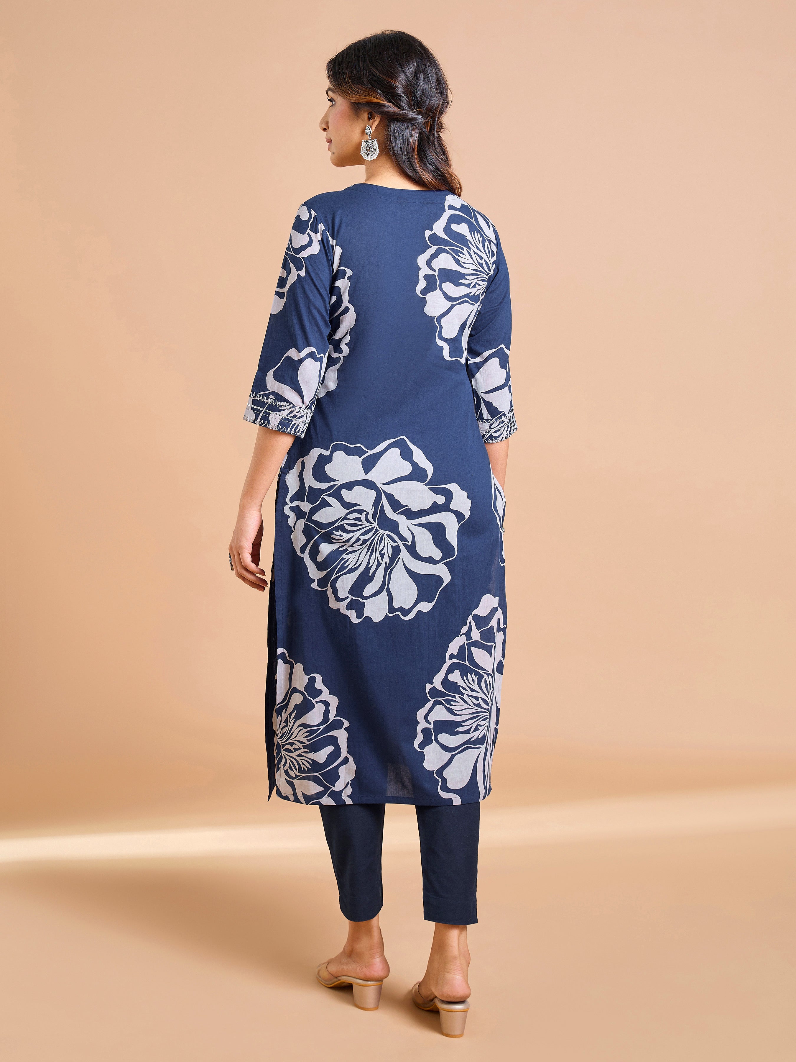 Navy Blue Pure Cotton Printed Kurti Embroidery