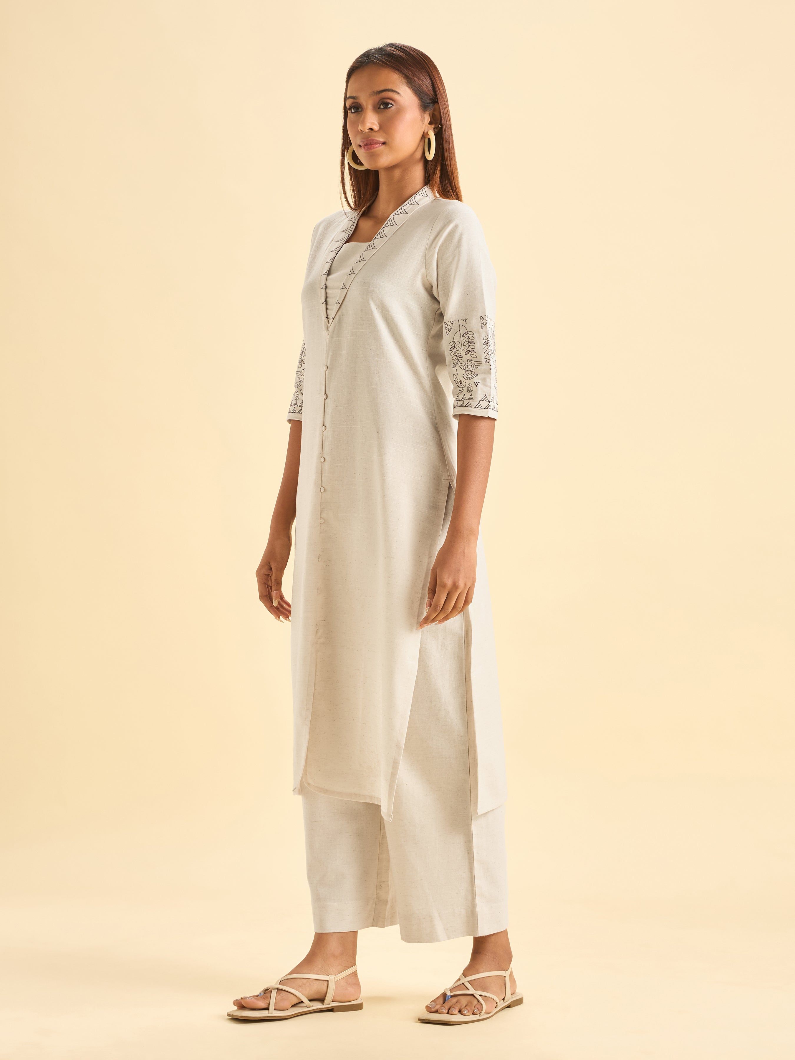 Ivory Cotton Flax Plain Kurti With Embroidery