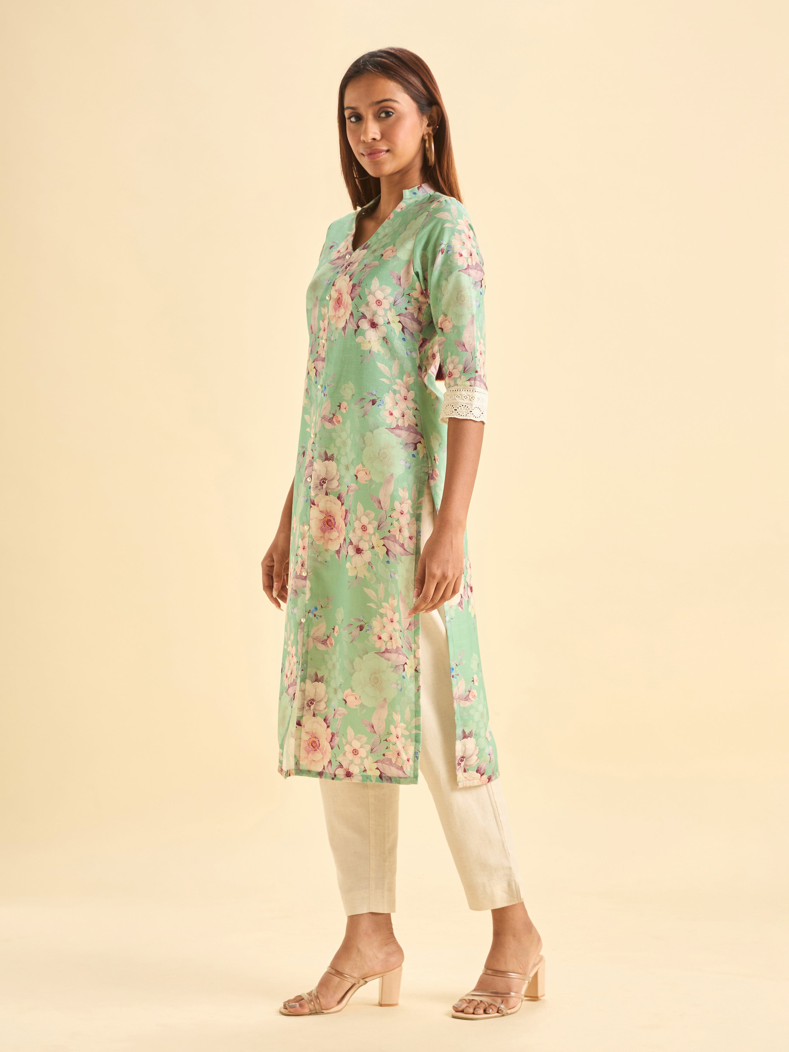 Mint Green Cotton Slub Slited Printed Kurti With Lace