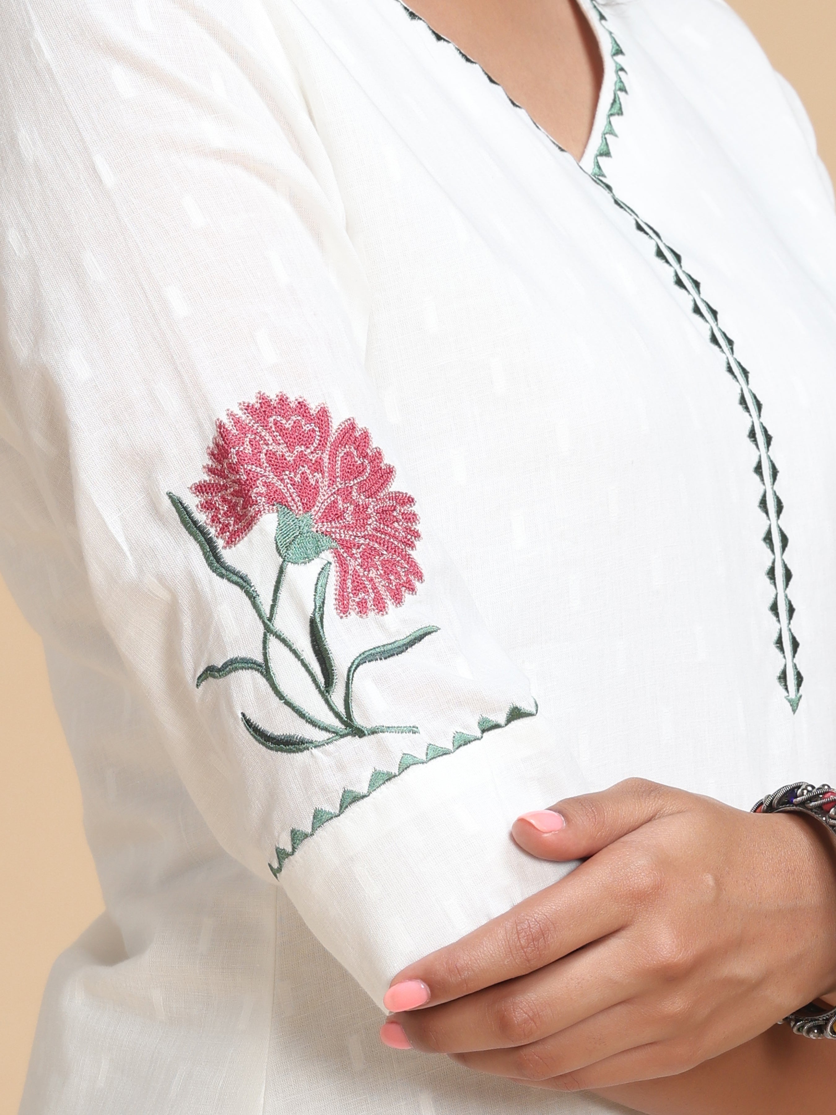 White Cotton Dobby Kurti With Embroidery