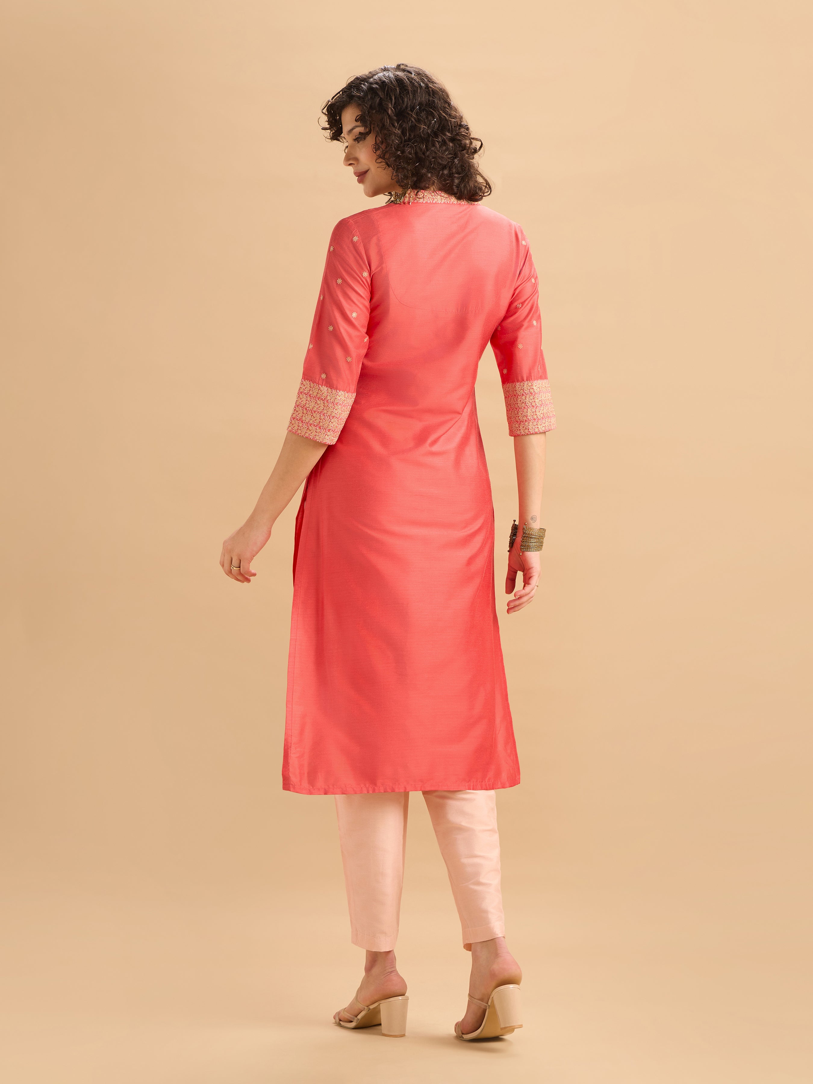 Orange Viscose Blend Plain Kurti Set With Embroidery