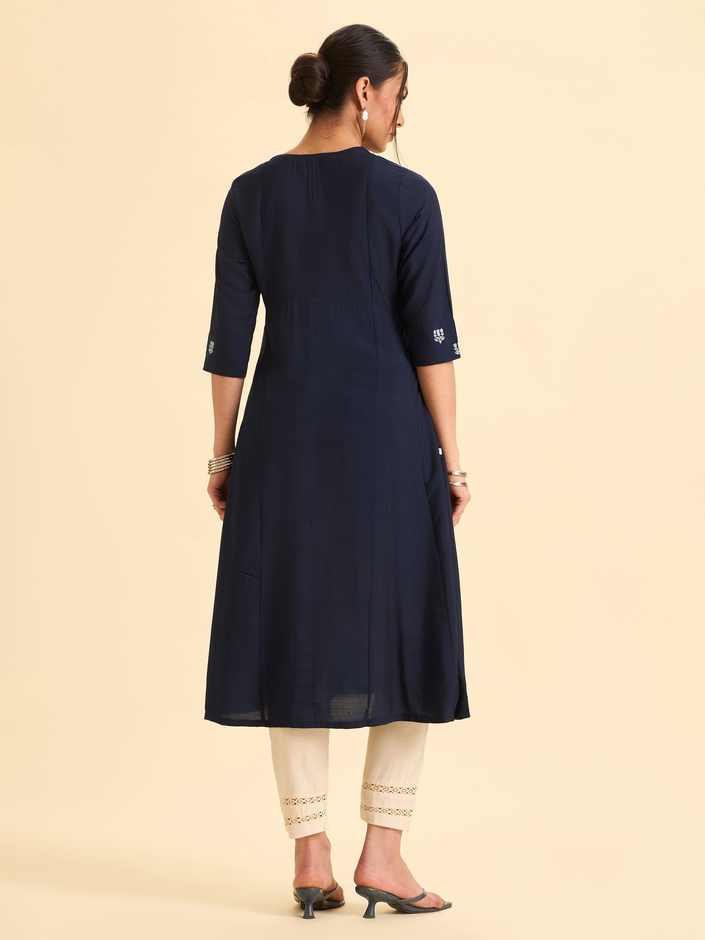 Navy Blue Viscose Blend Flared Kurti With Embroidery