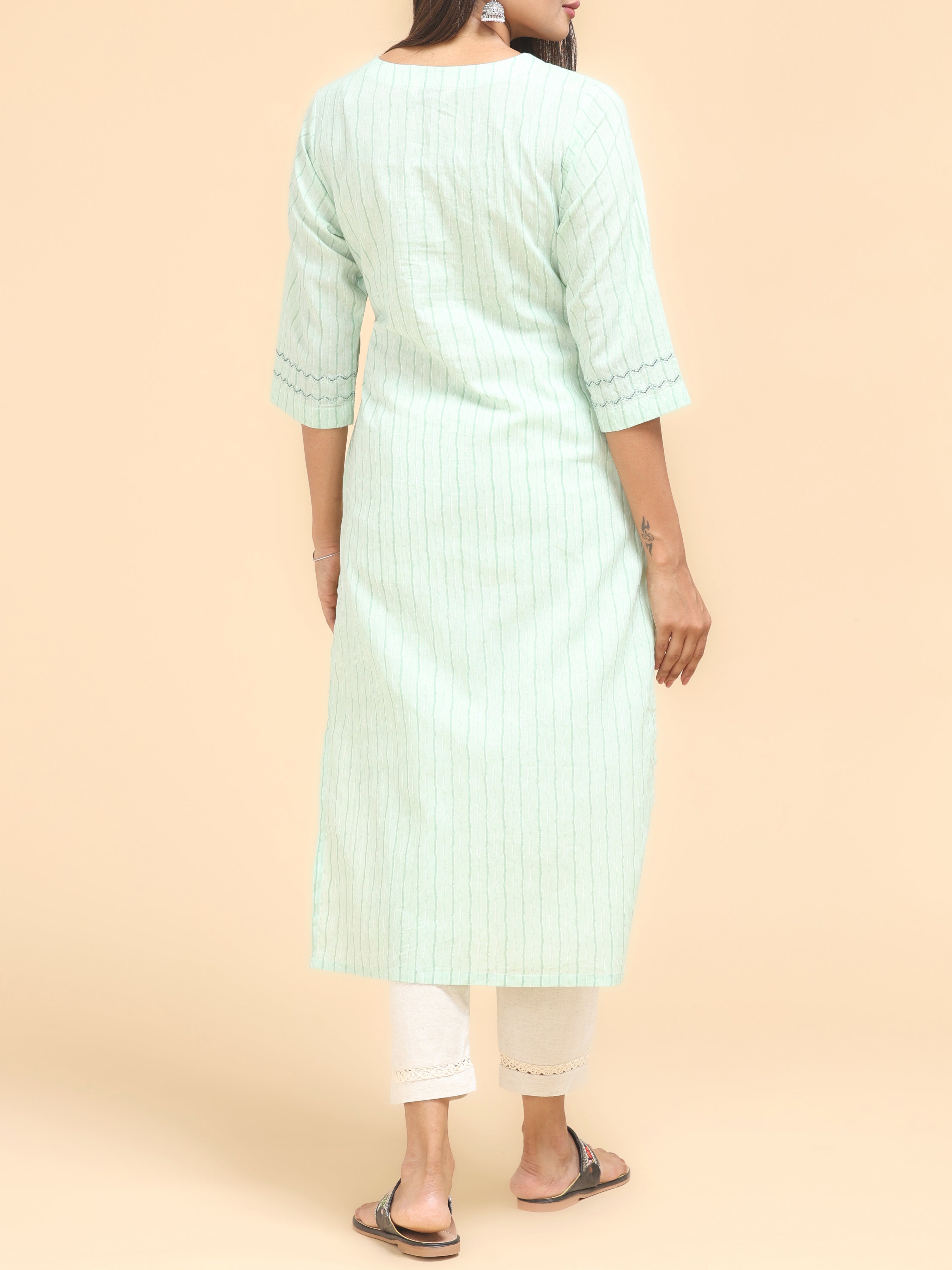 Pista Green Pure Cotton Printed Kurti With Embroidery