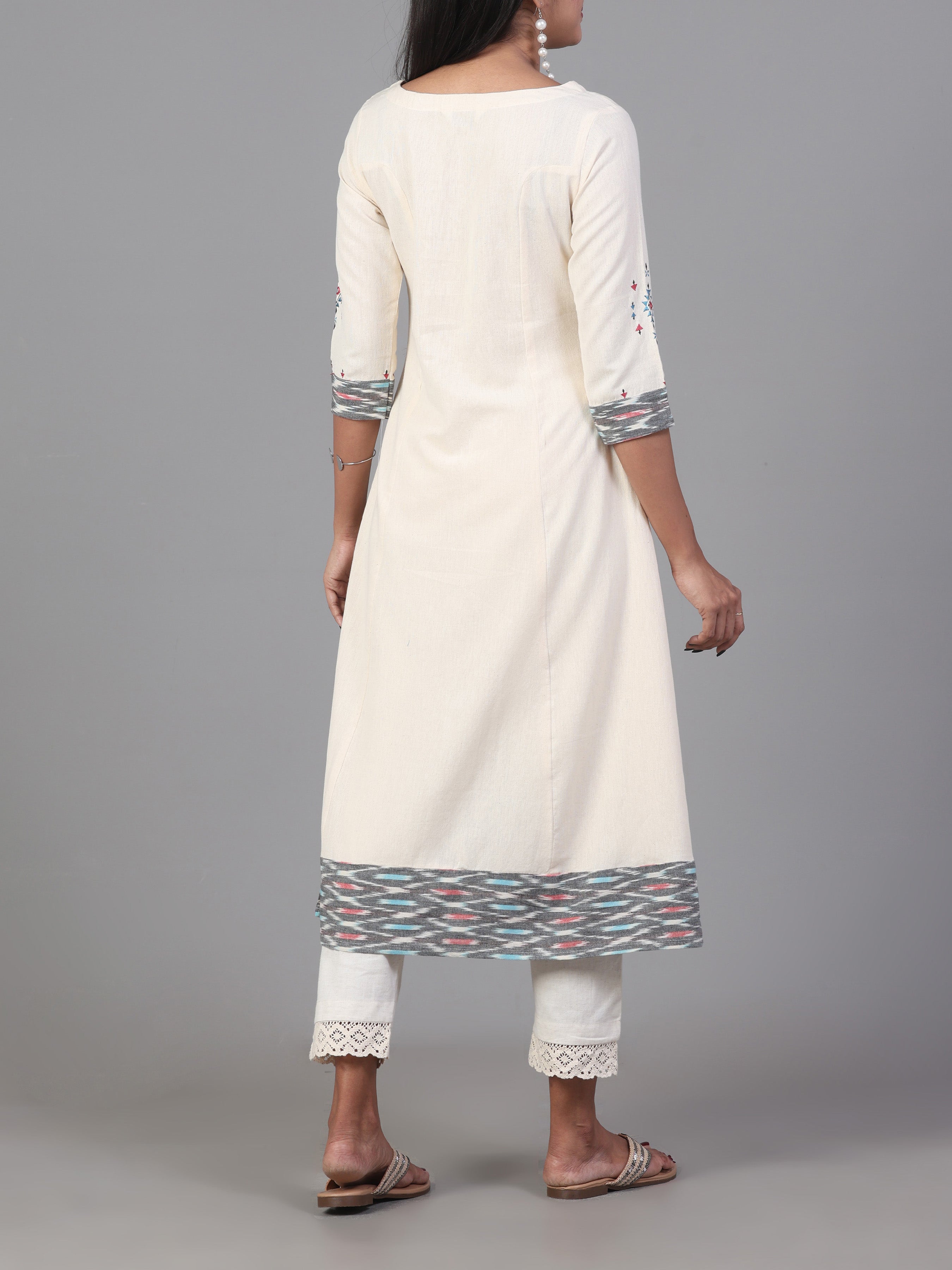 Ivory Cotton Flax Printed Kurti With Embroidery