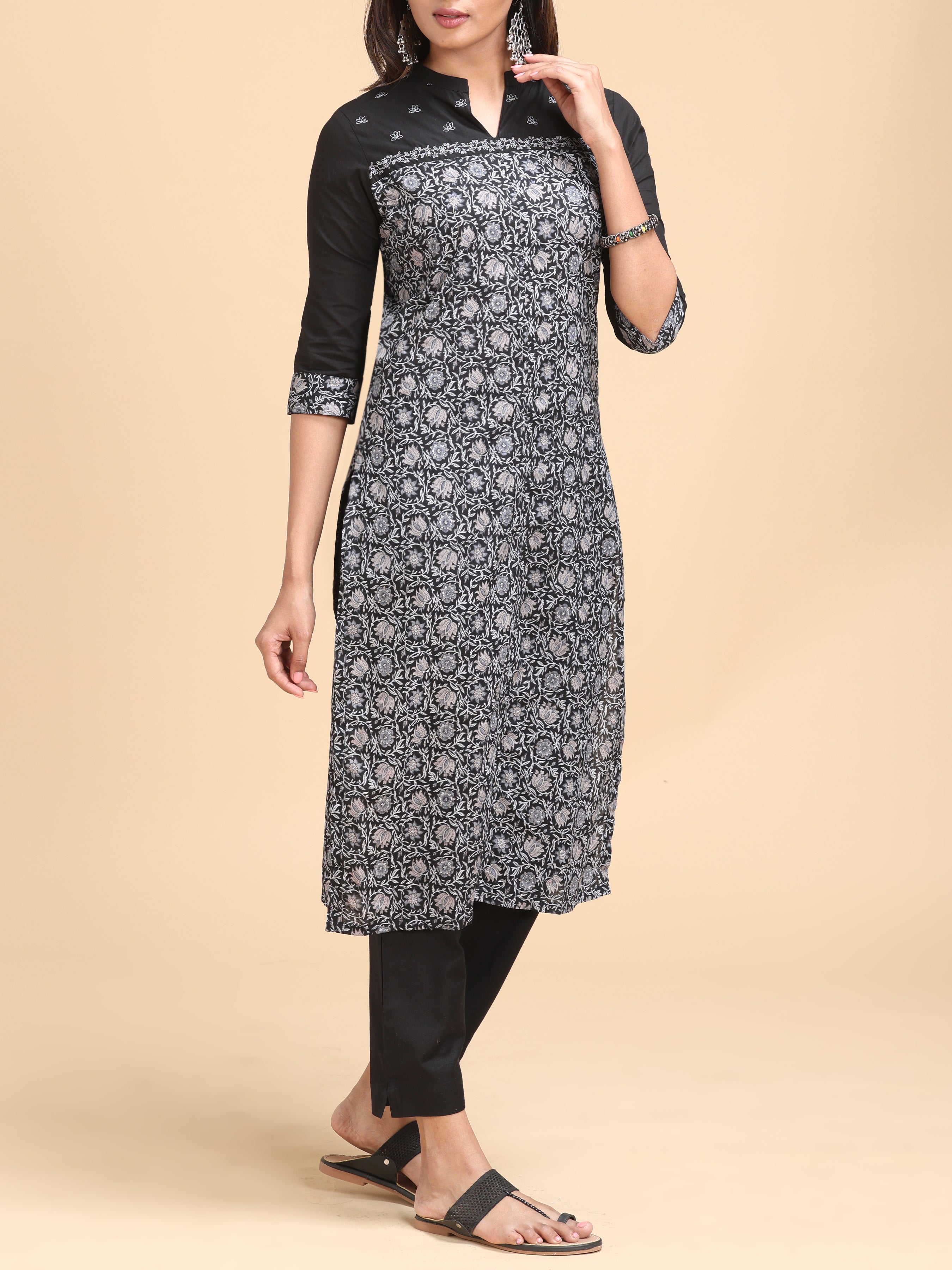 Black Pure Cotton Printed Kurti