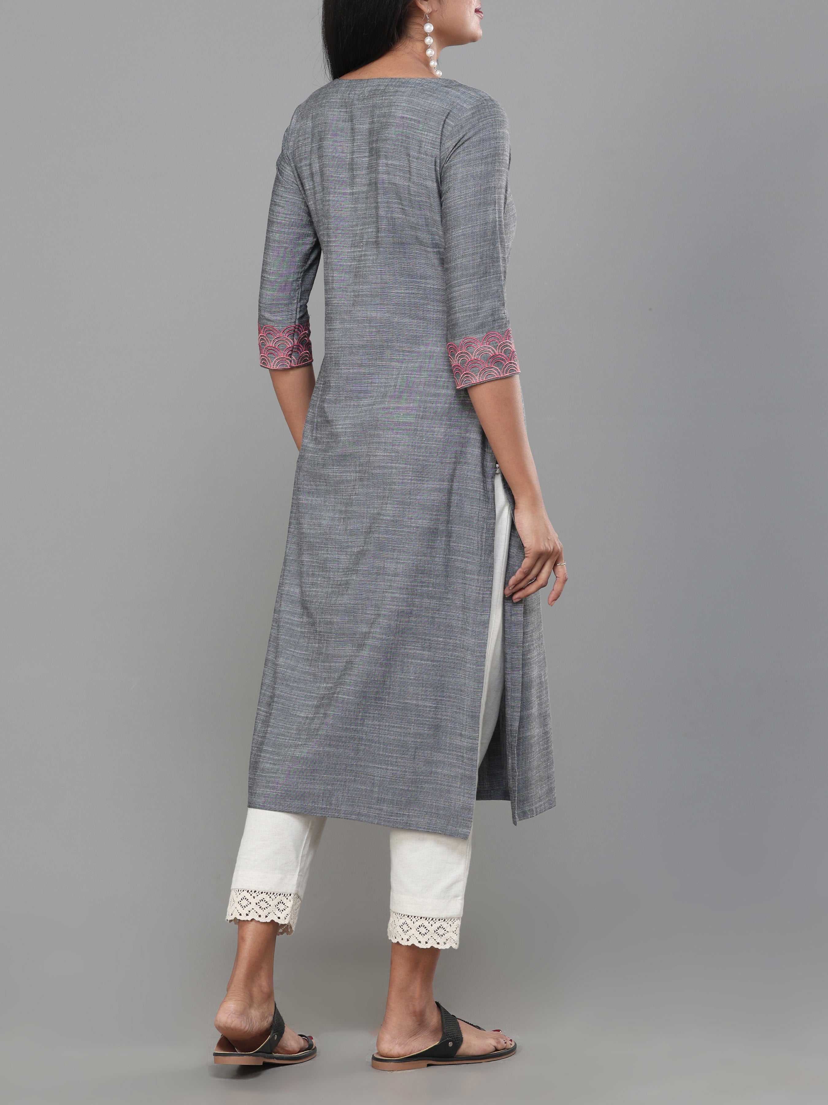 Grey Viscose Cotton Slub Kurti With Embroidery