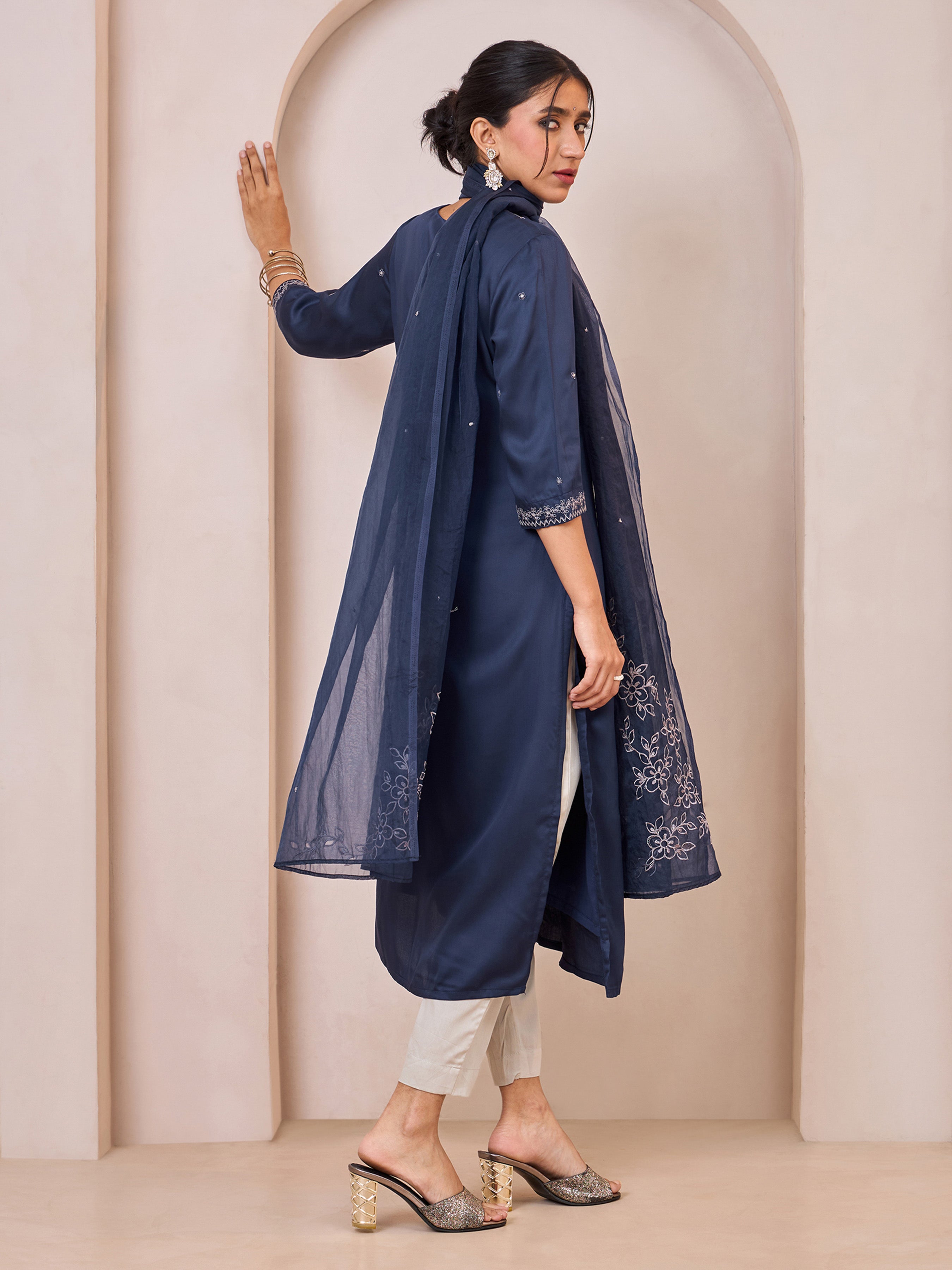 Navy Blue Viscose Plain Kurti Set & Dupatta With Hand Work Embroidery