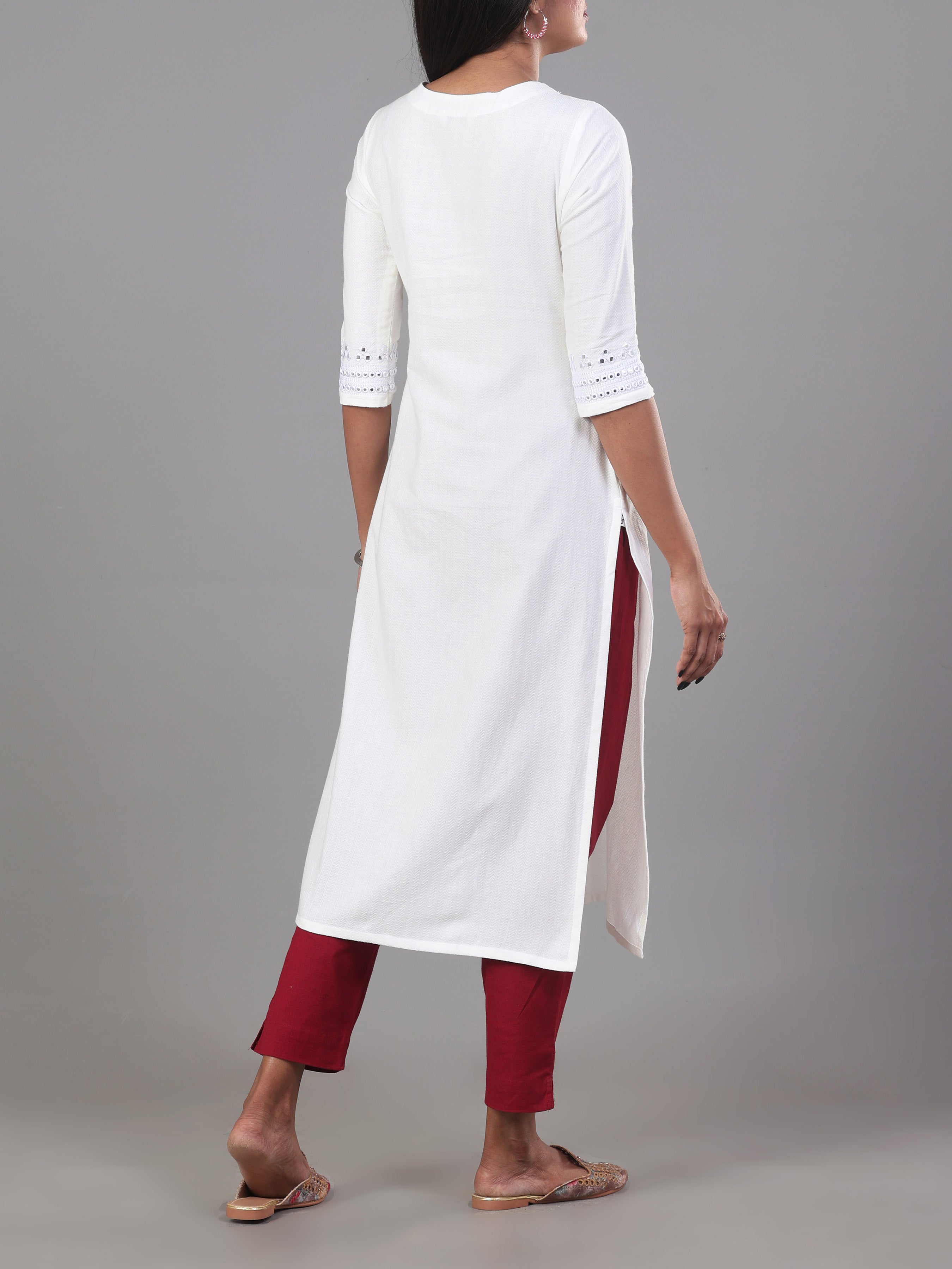 White Cotton Jacquard Kurti With Embroidery