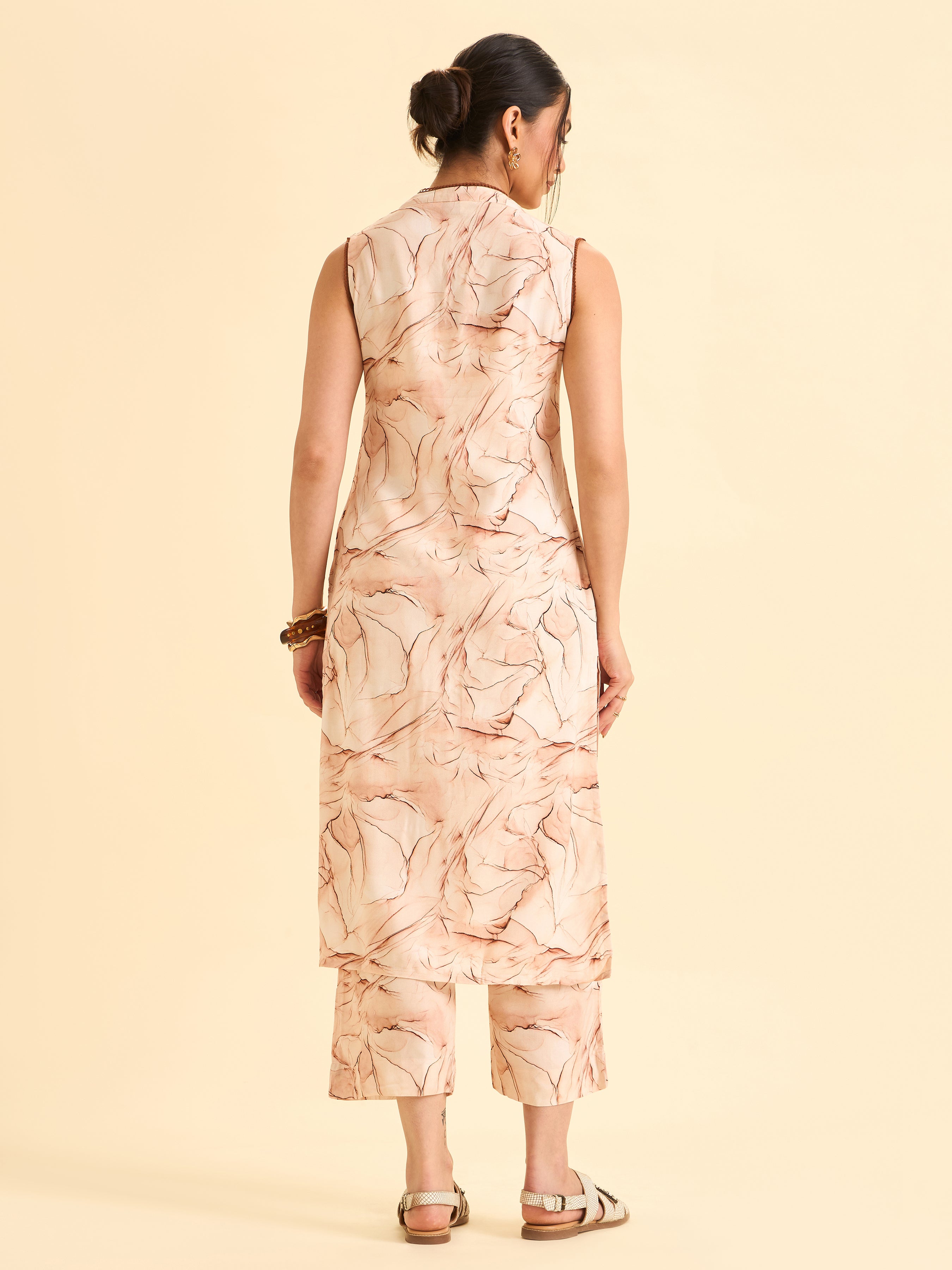 Blush Pink And Brown Viscose Printed Kurti Set With Lace