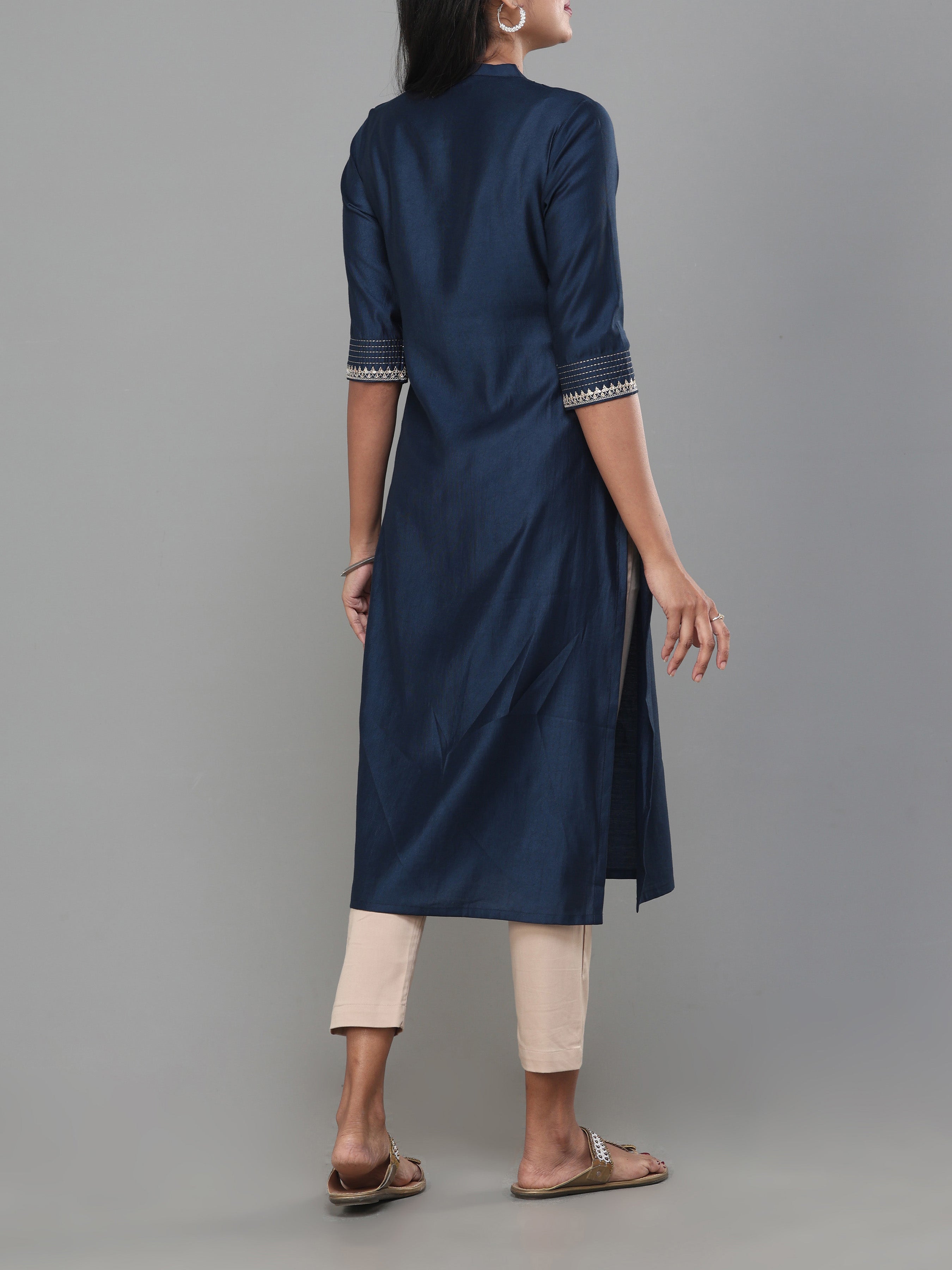 Denim Blue Viscose Kurti With Embroidery
