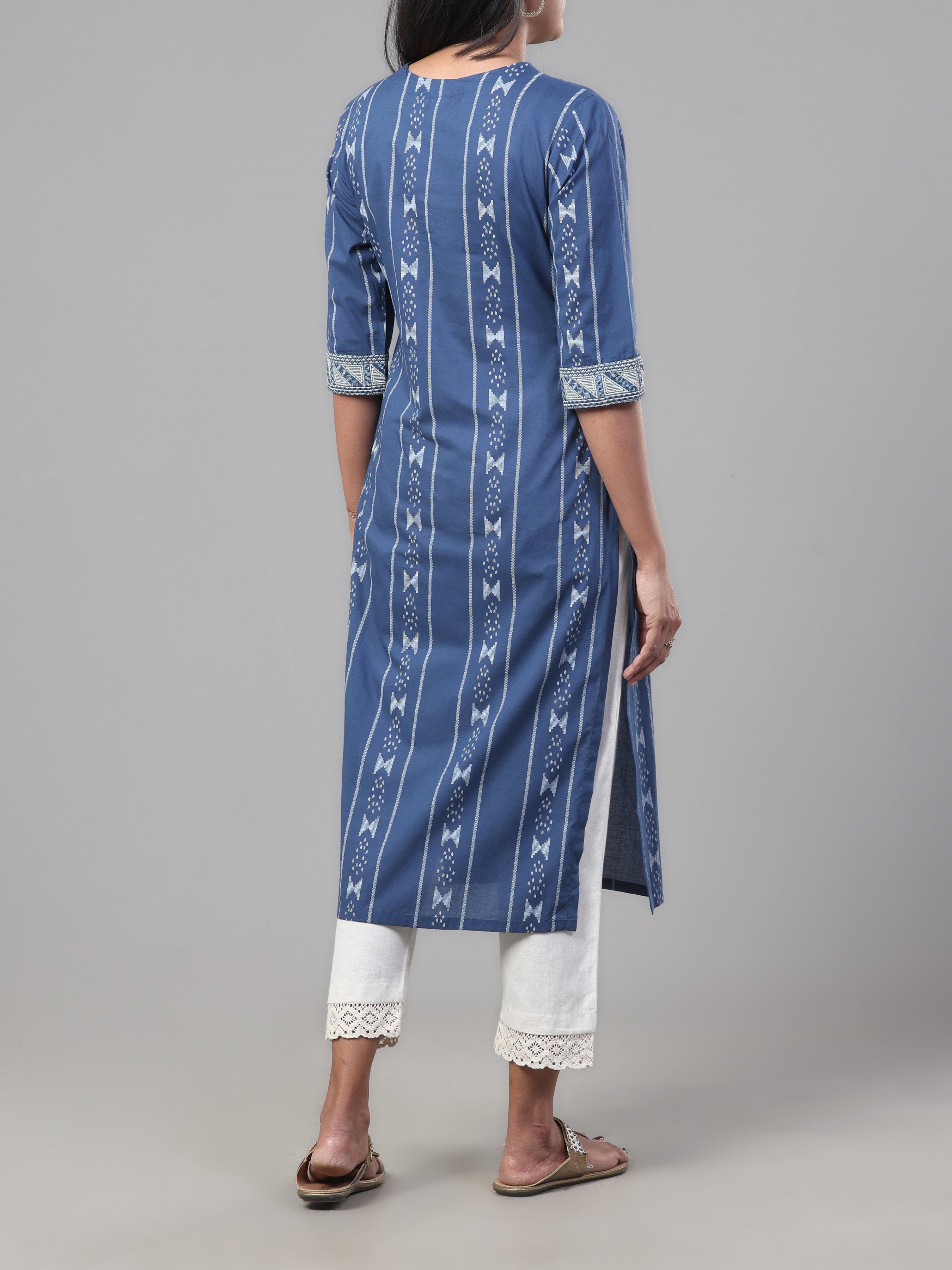 Denim Blue Pure Cotton Printed Kurti With Embroidery And Sequins Work