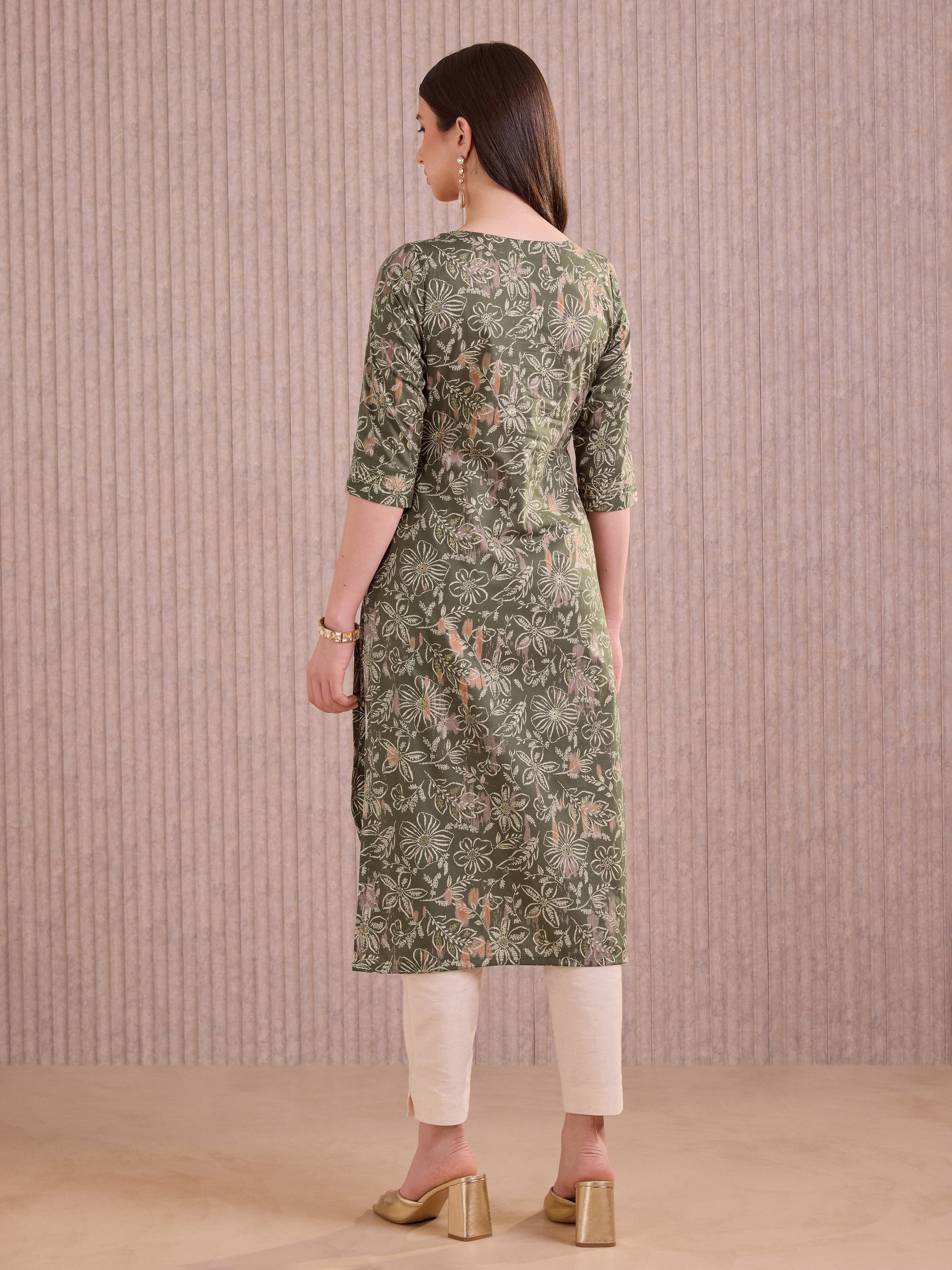 Olive Green Pure Cotton Foil Printed Kurti With Sequins Embroidery