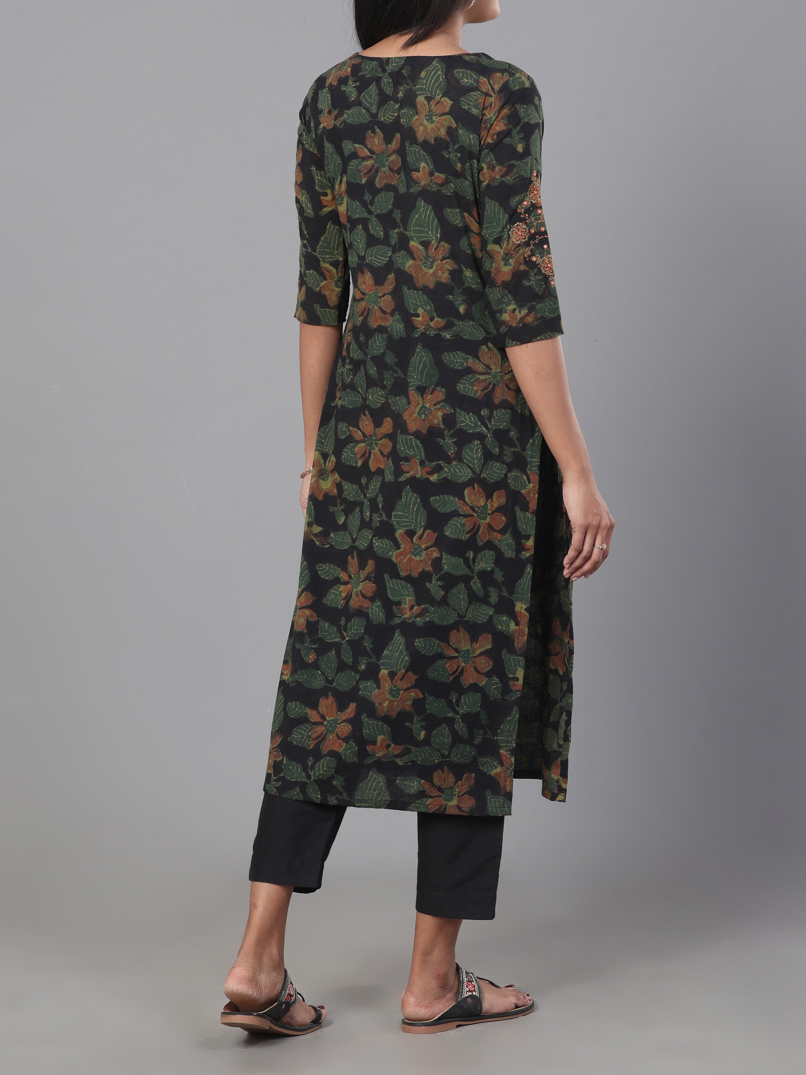 Black Pure Cotton Printed Kurti With Embroidery
