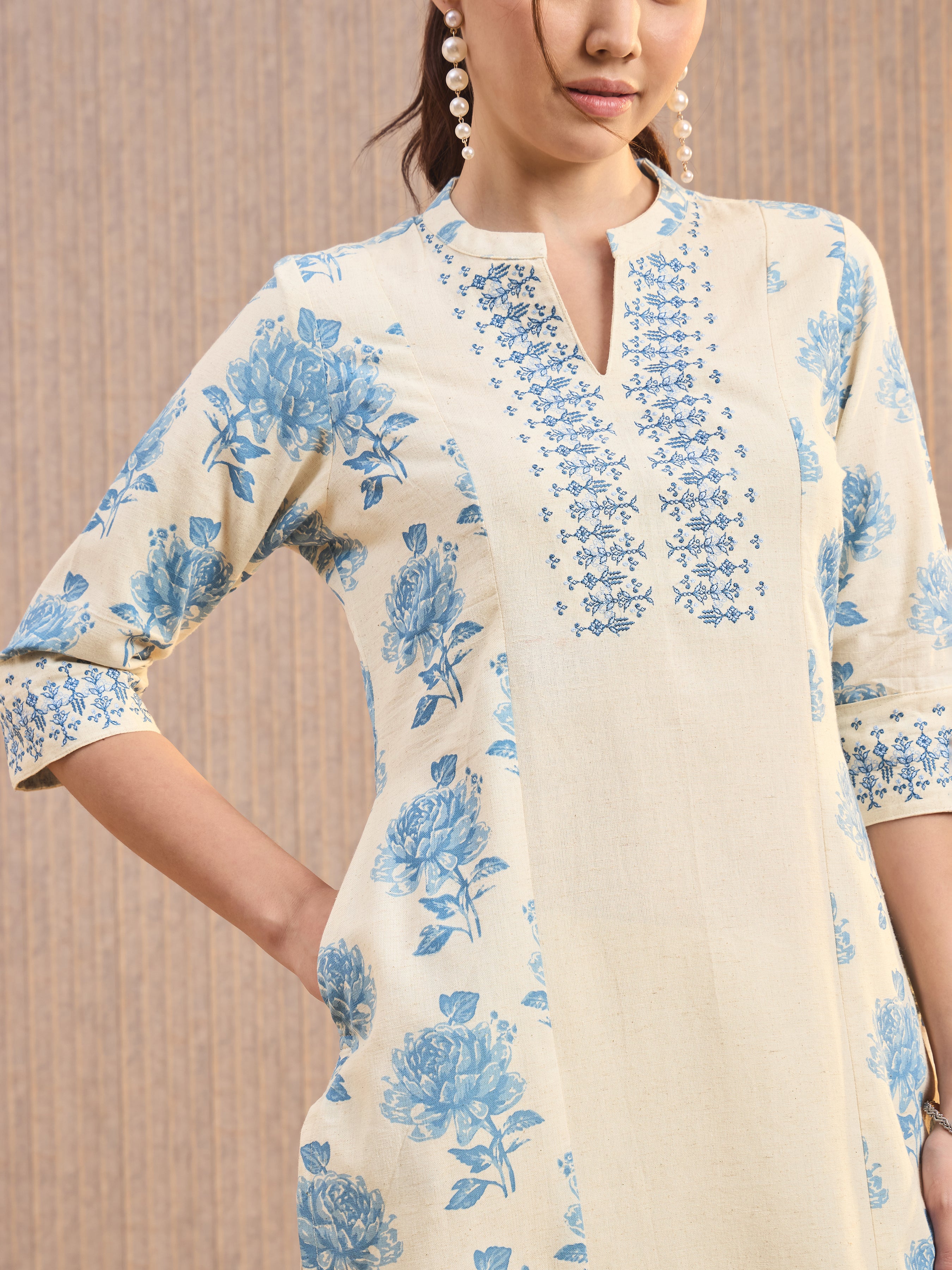 Ivory And Blue Cotton Flax Printed Kurti With Embroidery