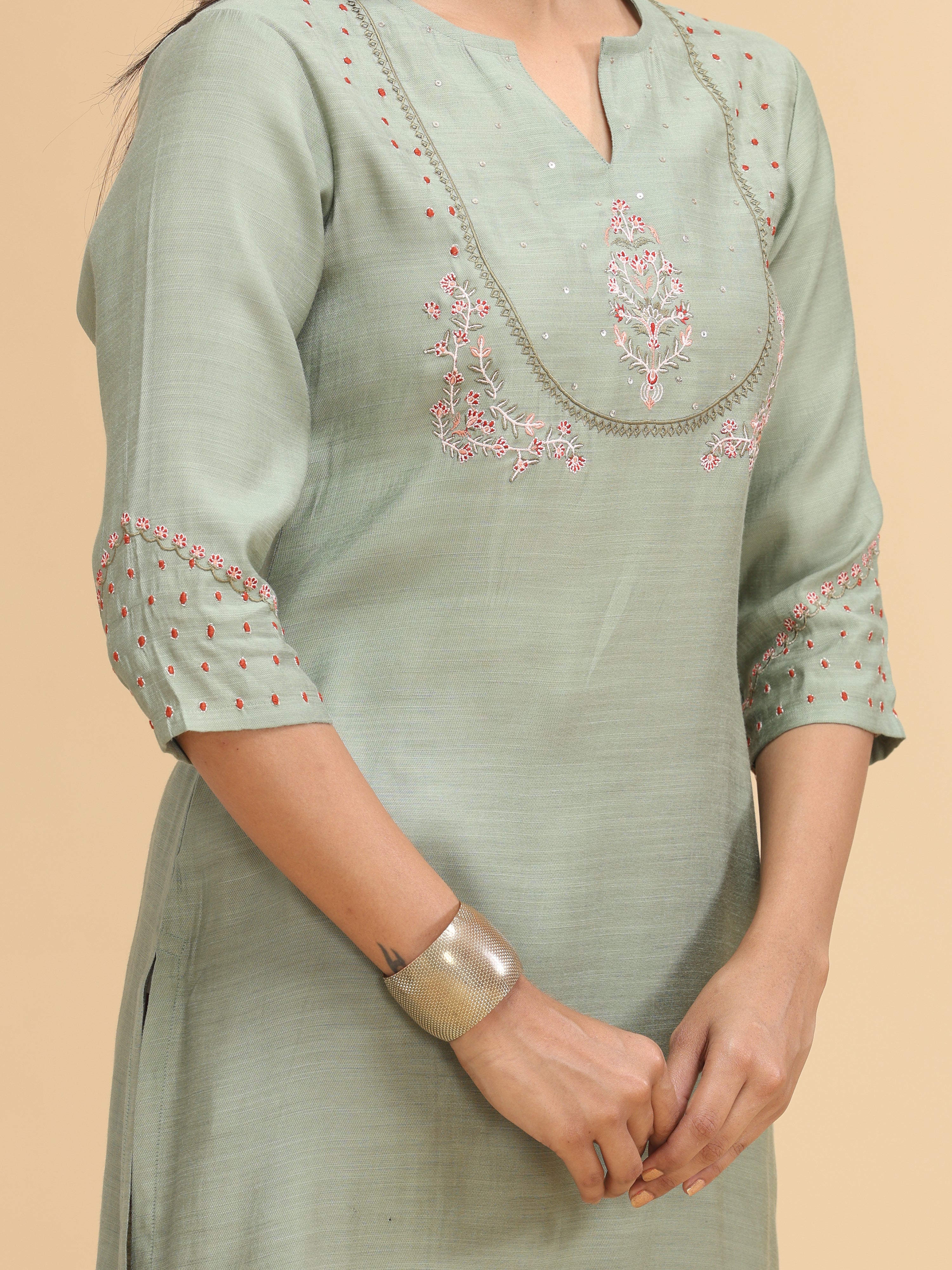 Pista Green Viscose Slub Kurti With Embroidery