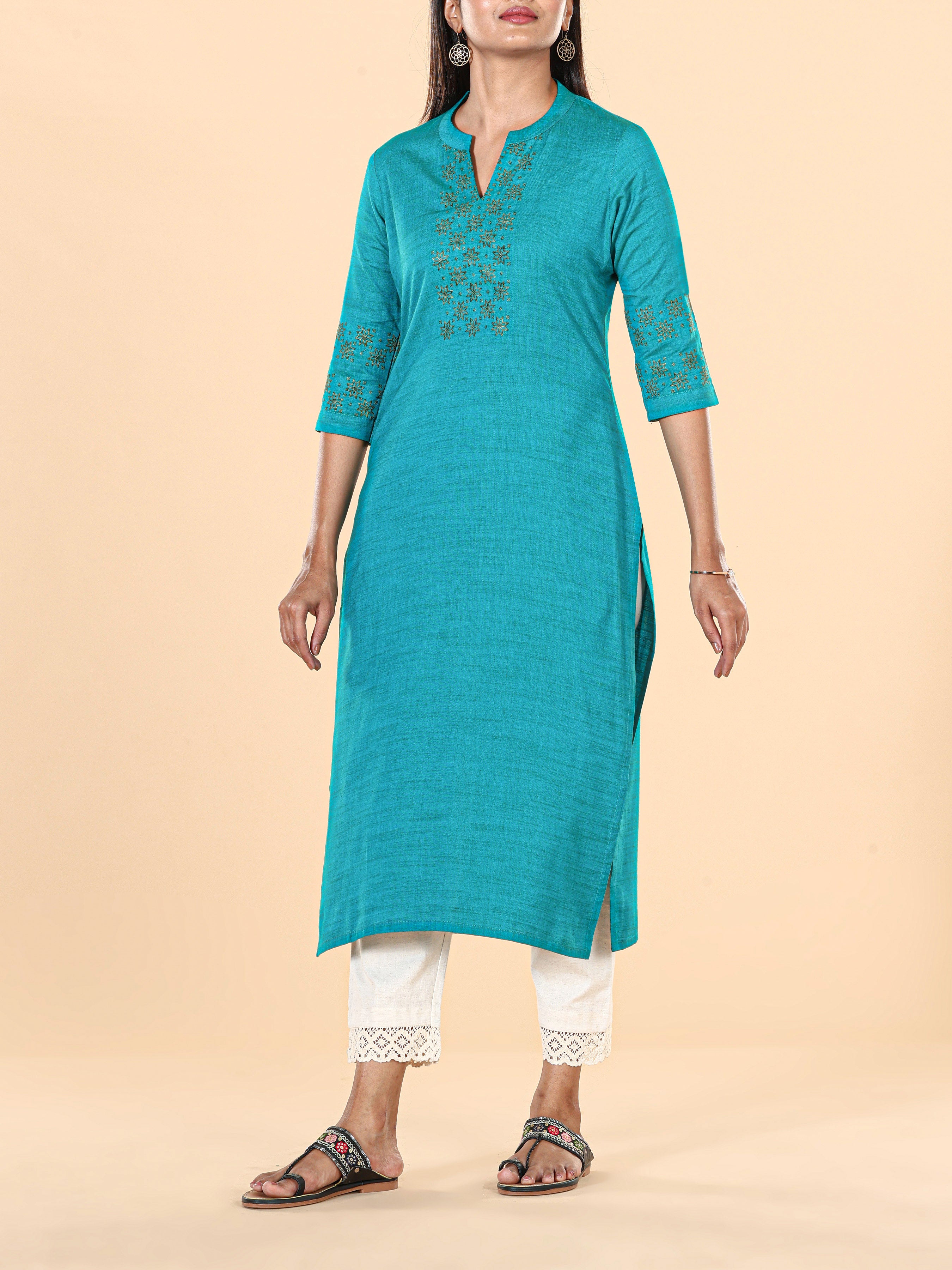 Teal Blue Viscose Kurti With Embroidery