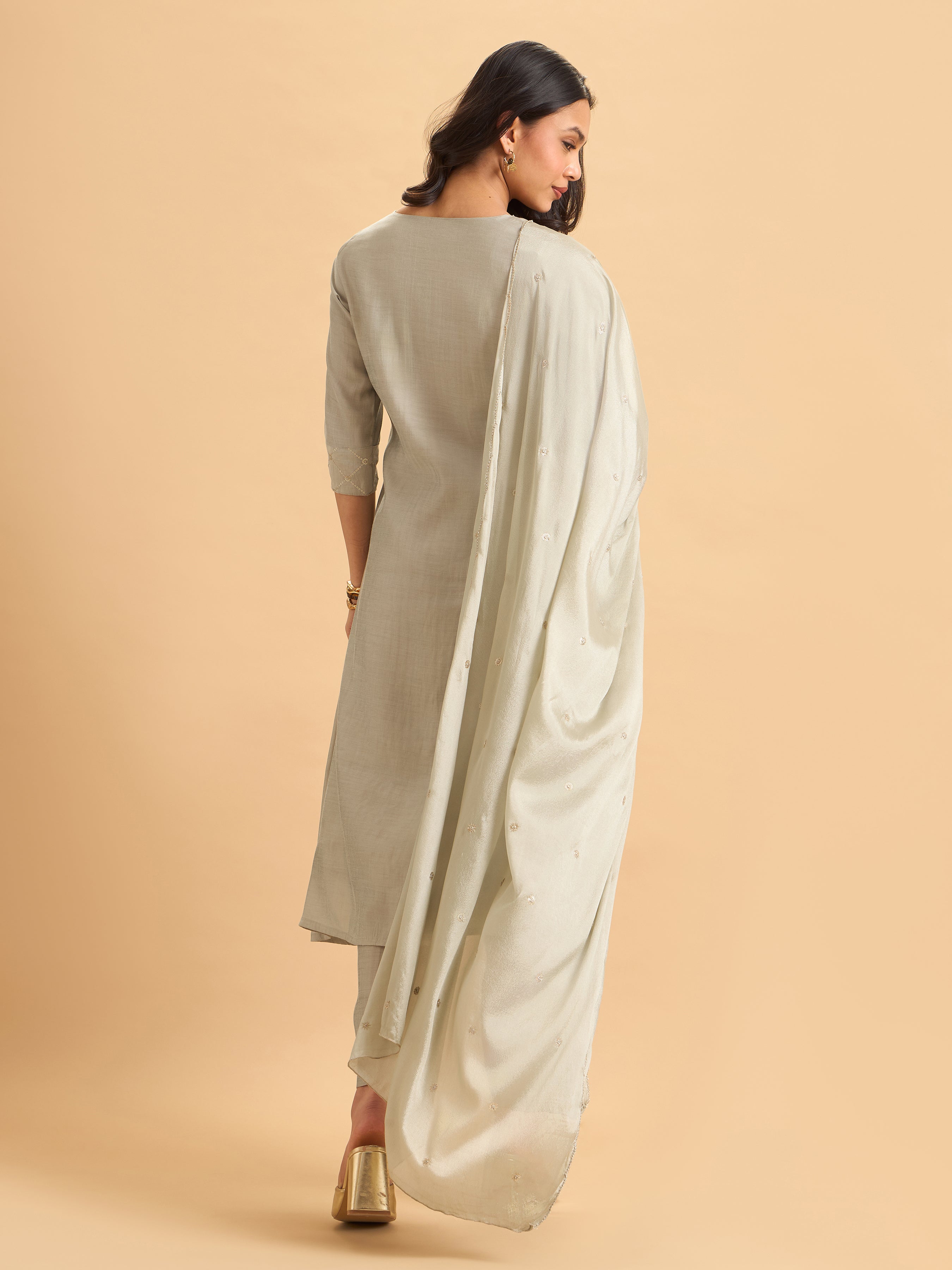 Pale Green Viscose Plain Kurta Set With Duppatta And Sequence Embroidery