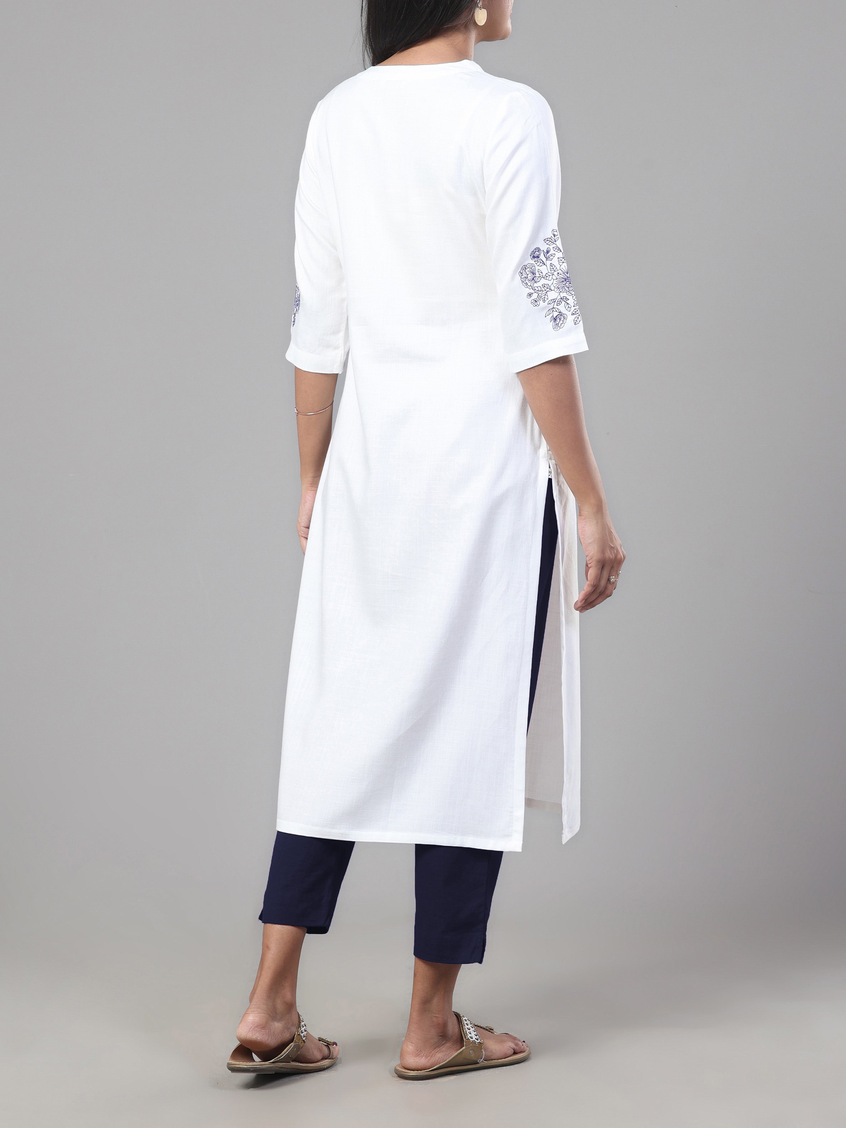 White Viscose Twill Plain Kurti With Embroidery