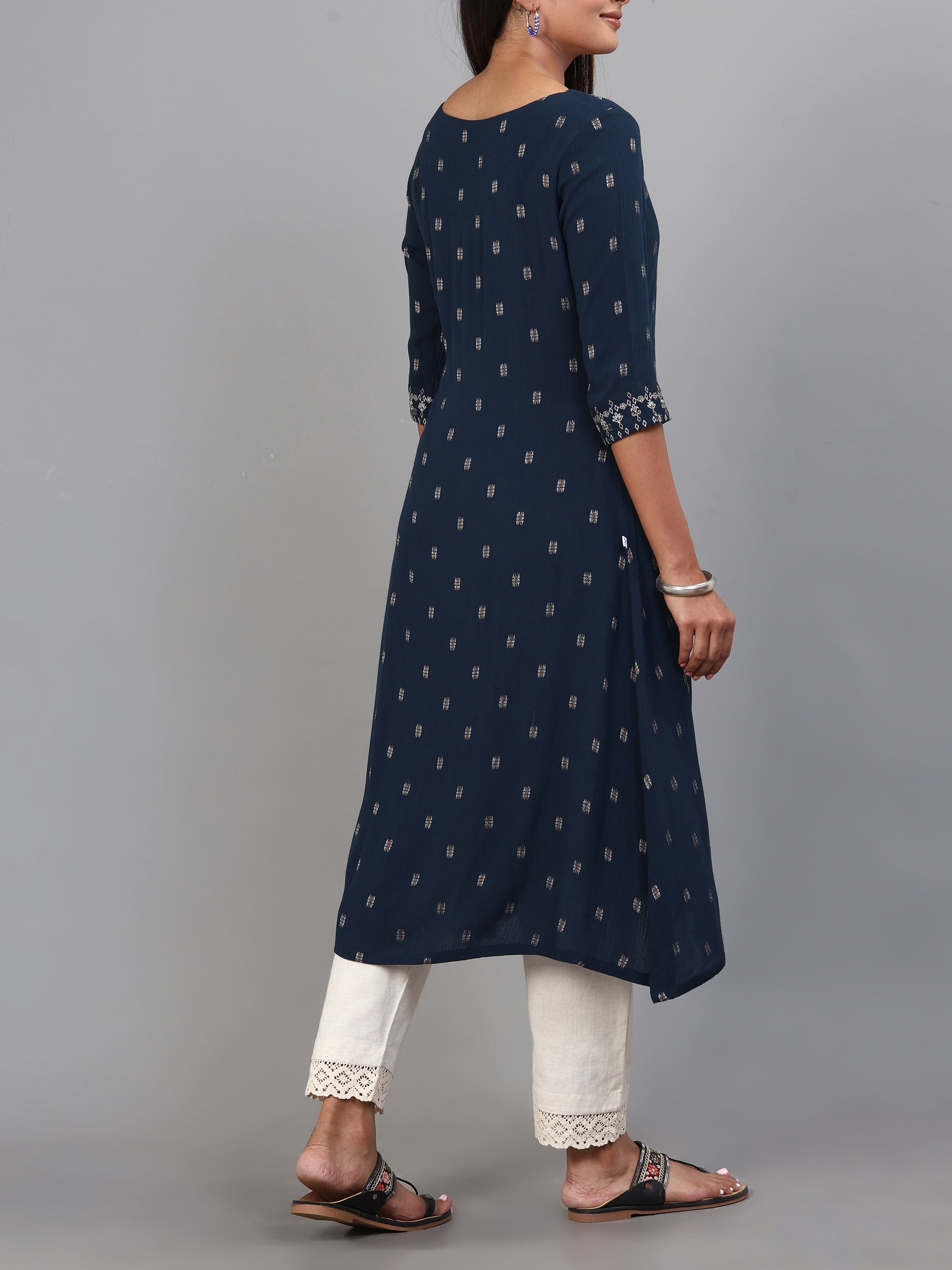 Navy Blue Wrinkle Viscose Kurti With Embroidery