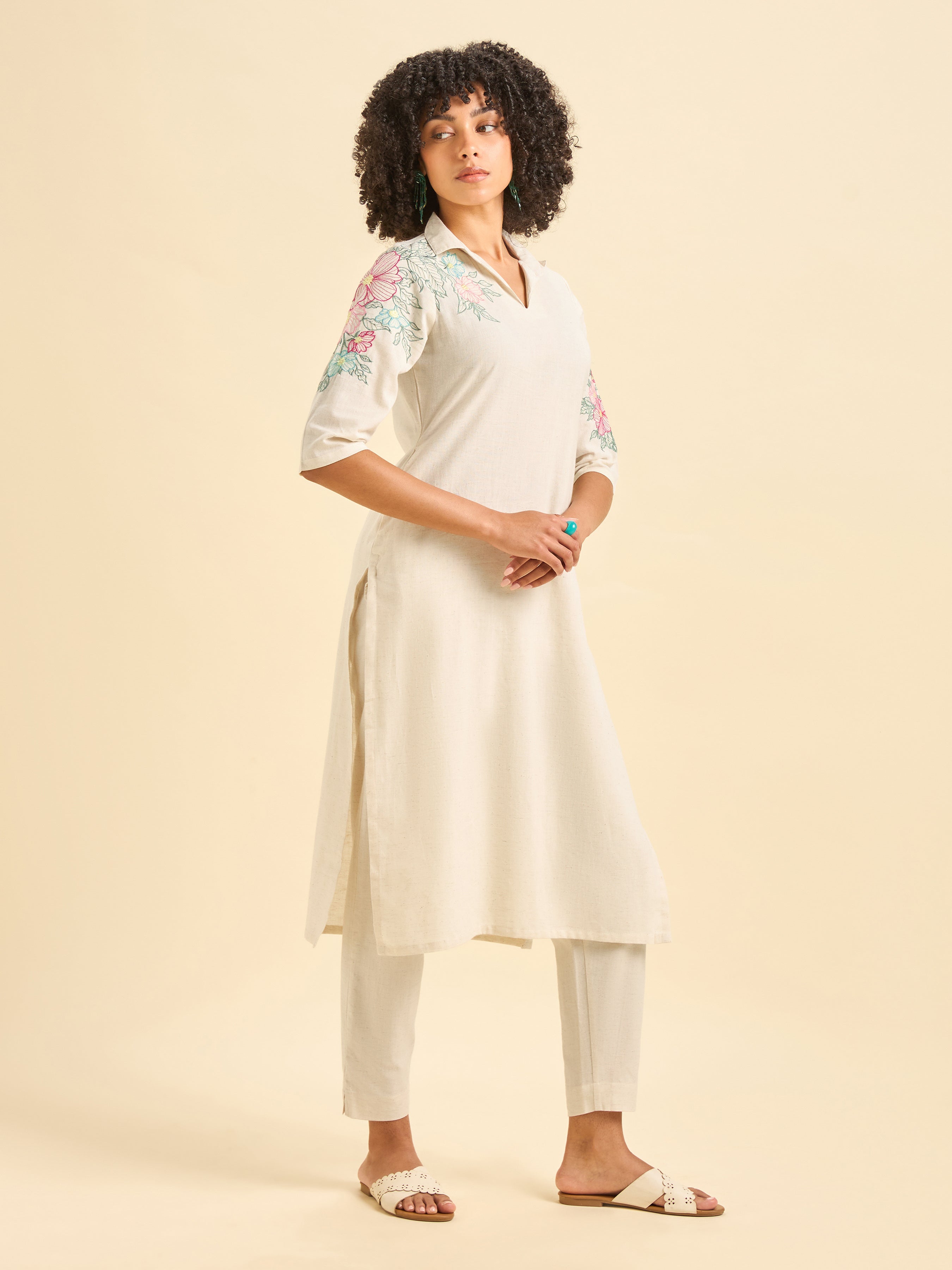 Ivory Cotton Flax Plain Slited Kurti With Embroidery