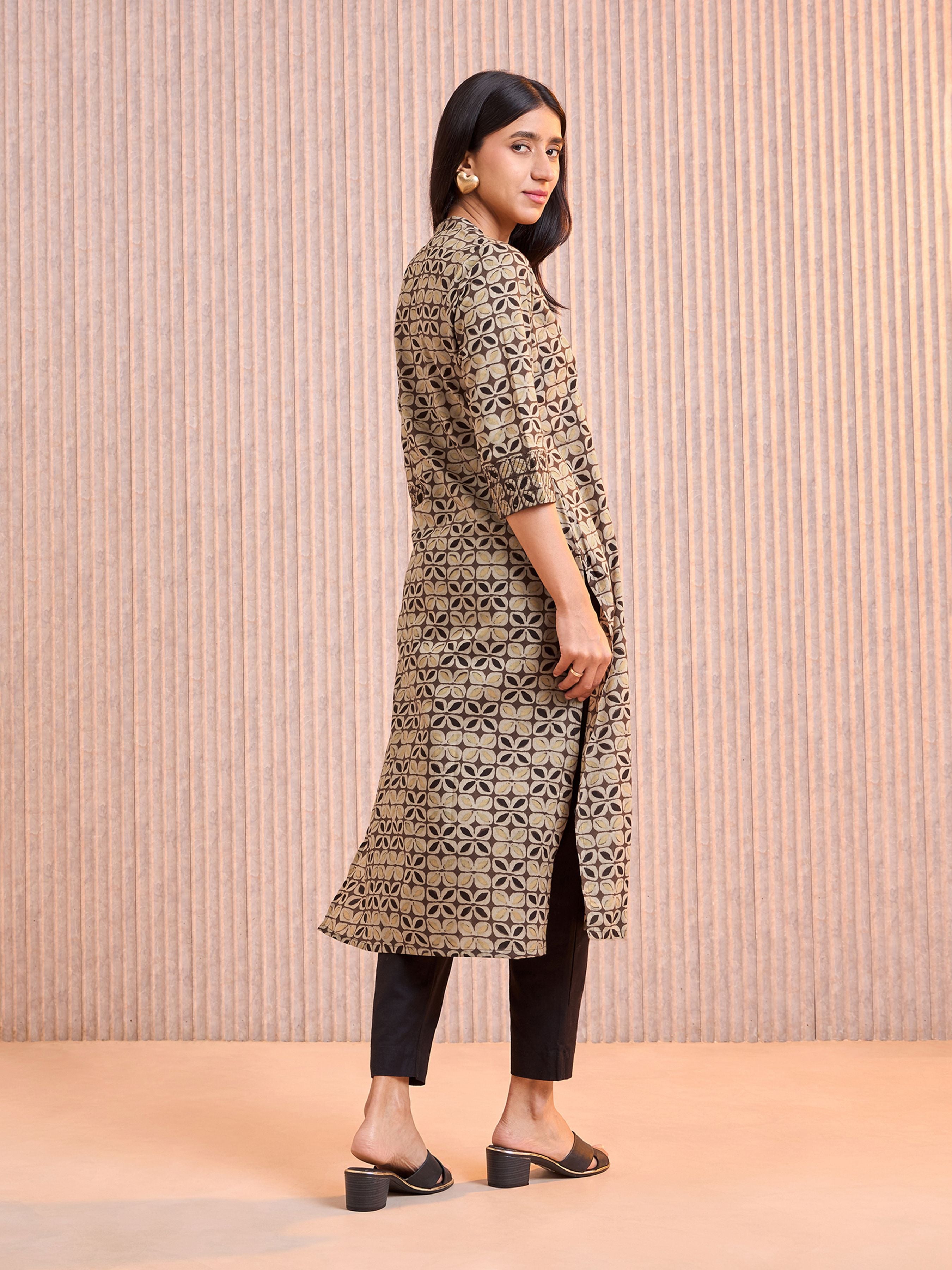 Coffee Brown Pure Cotton Printed Kurti With Sequins Embroidery Work