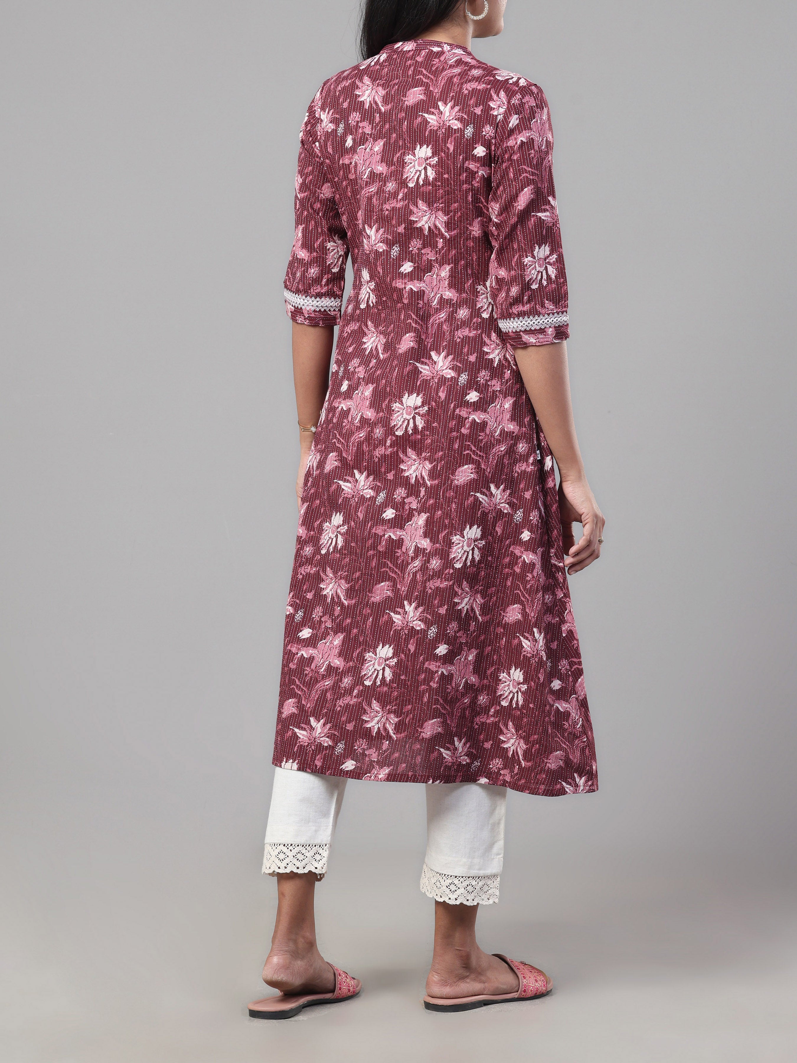 Wine Red Pure Cotton Kurti With Embroidery