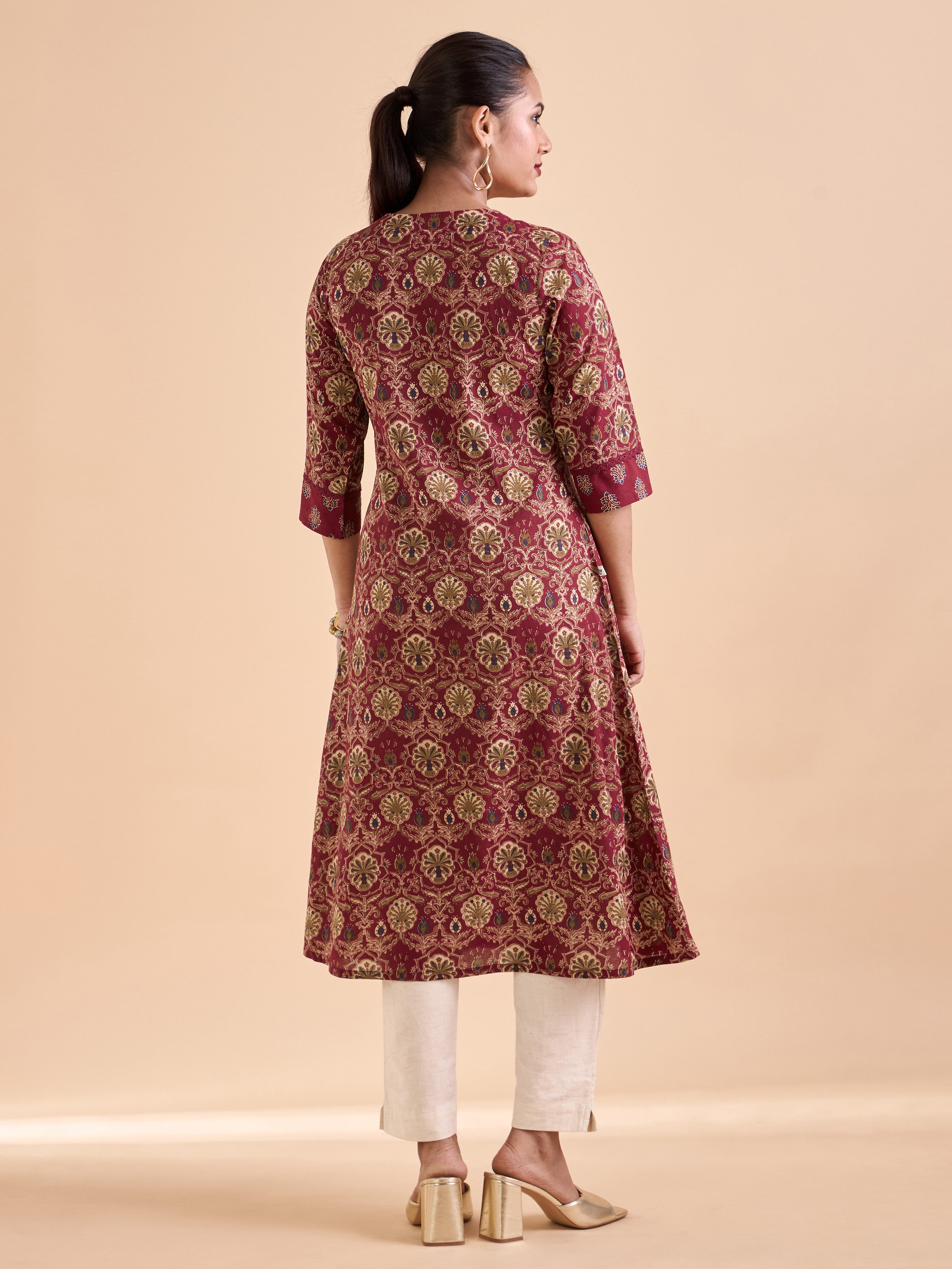 Red Pure Cotton Printed Kurti With Mirror Work