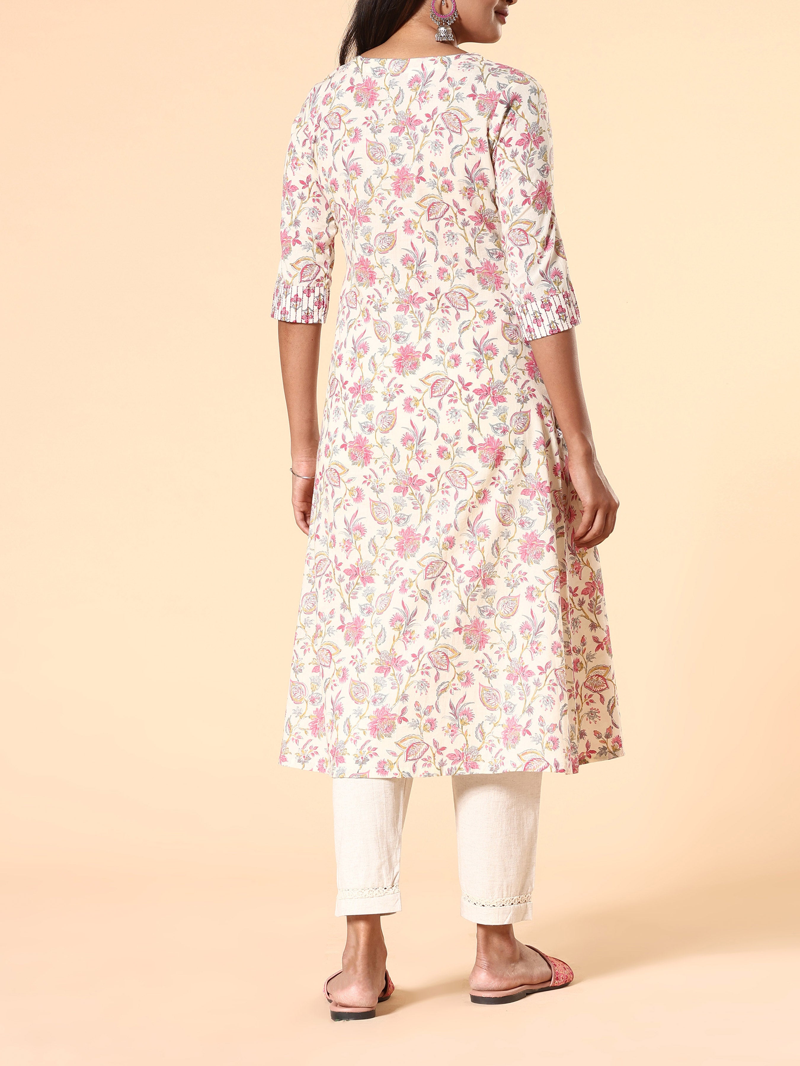 Pink Pure Cotton Printed Kurti With Embroidery