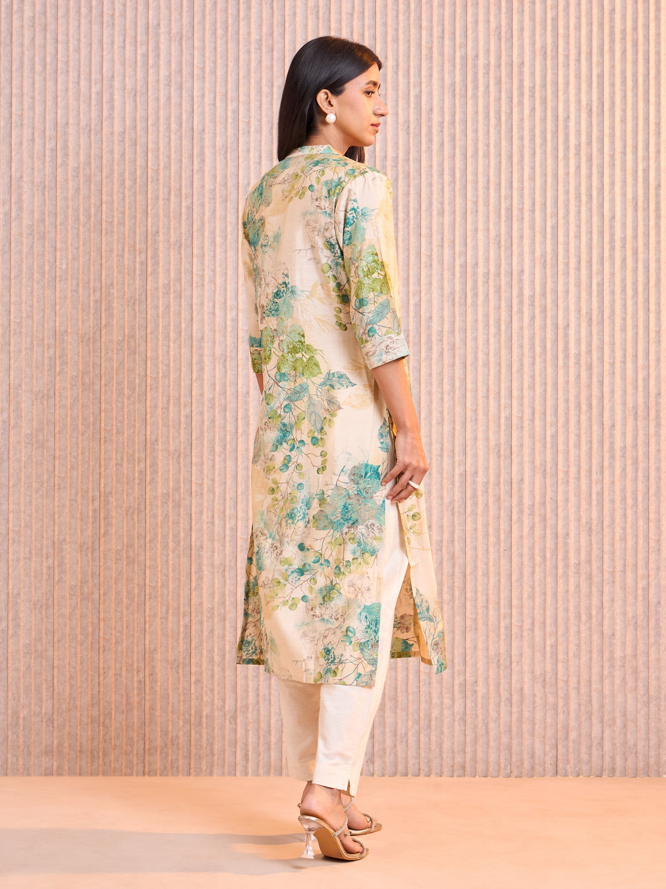 Aqua Green Modal Chanderi Foil Printed Kurti With Princess Cut
