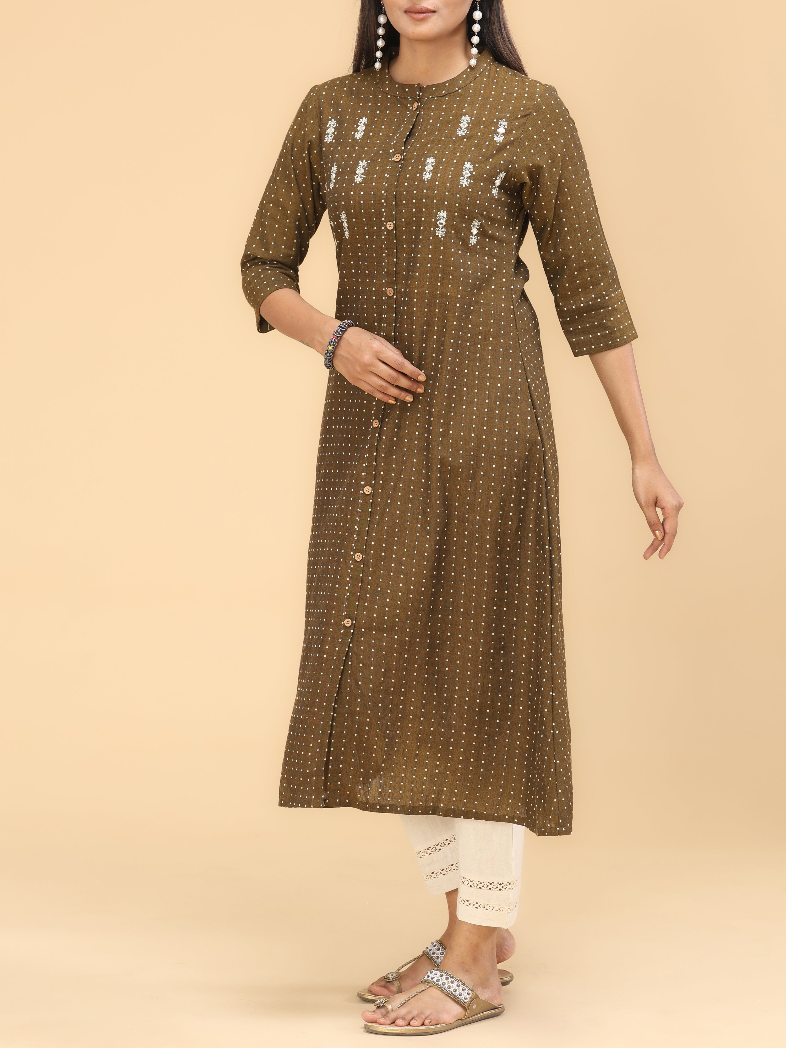 Brown Cotton Dobby Kurti With Embroidery