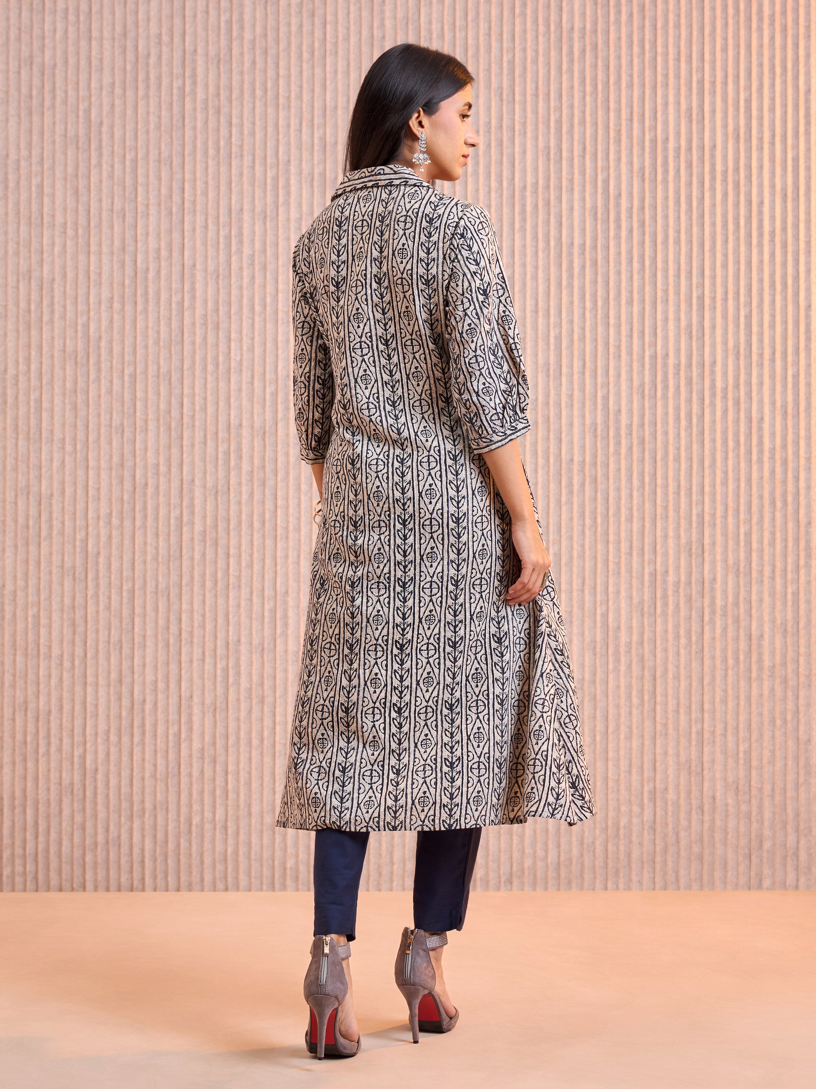 Light Grey Cotton Printed Flared Kurti