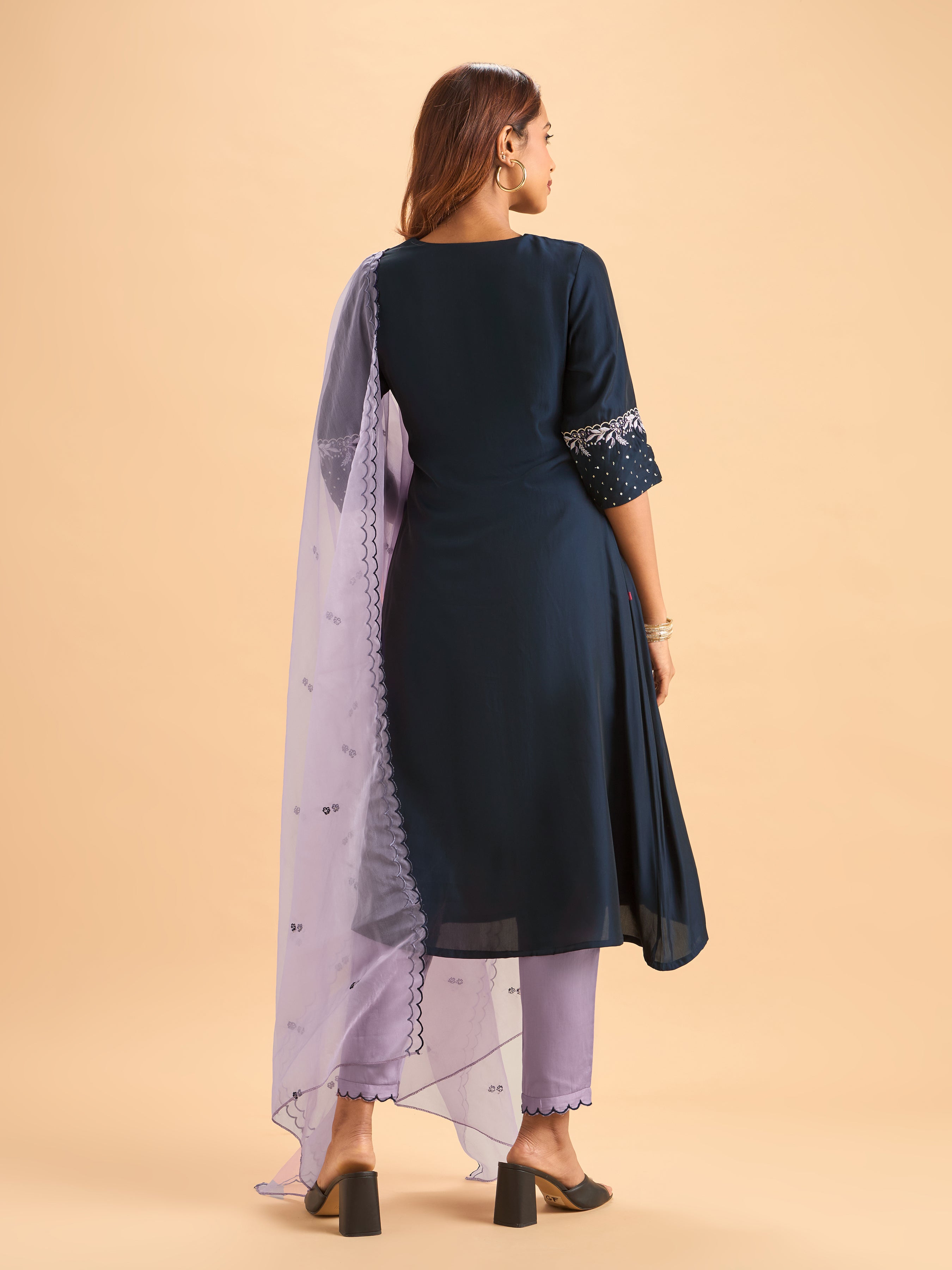 Navy Blue Viscose Blend Kurti Set With Dupatta & Sequins Embroidery