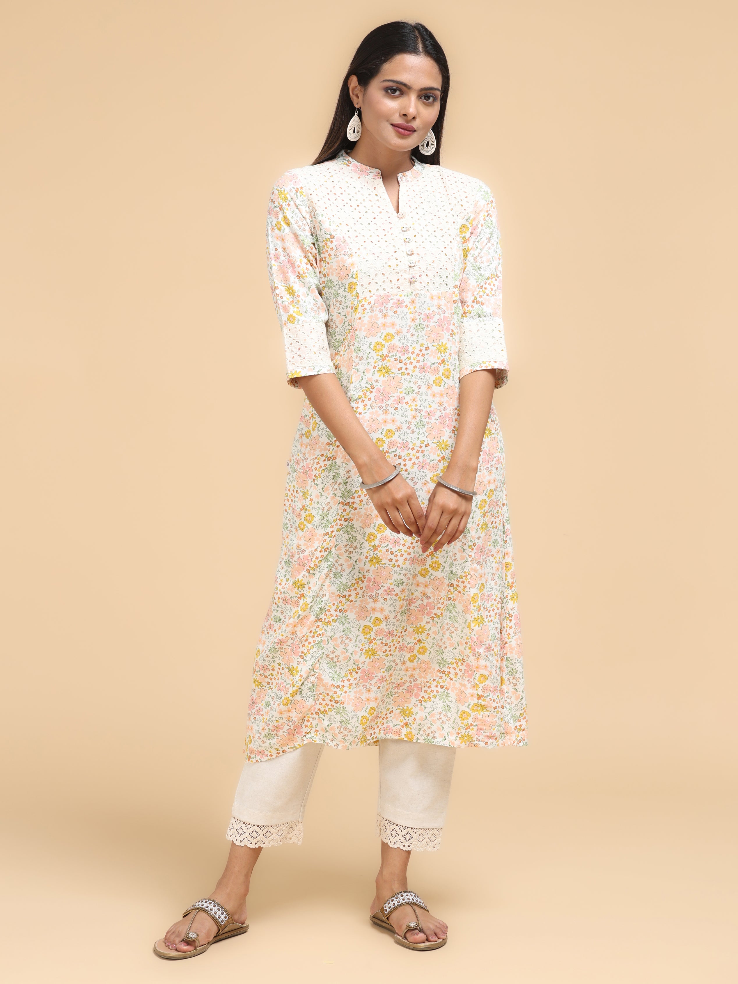 Women Wearing Multi-Color Cotton Kurti With Floral Print
