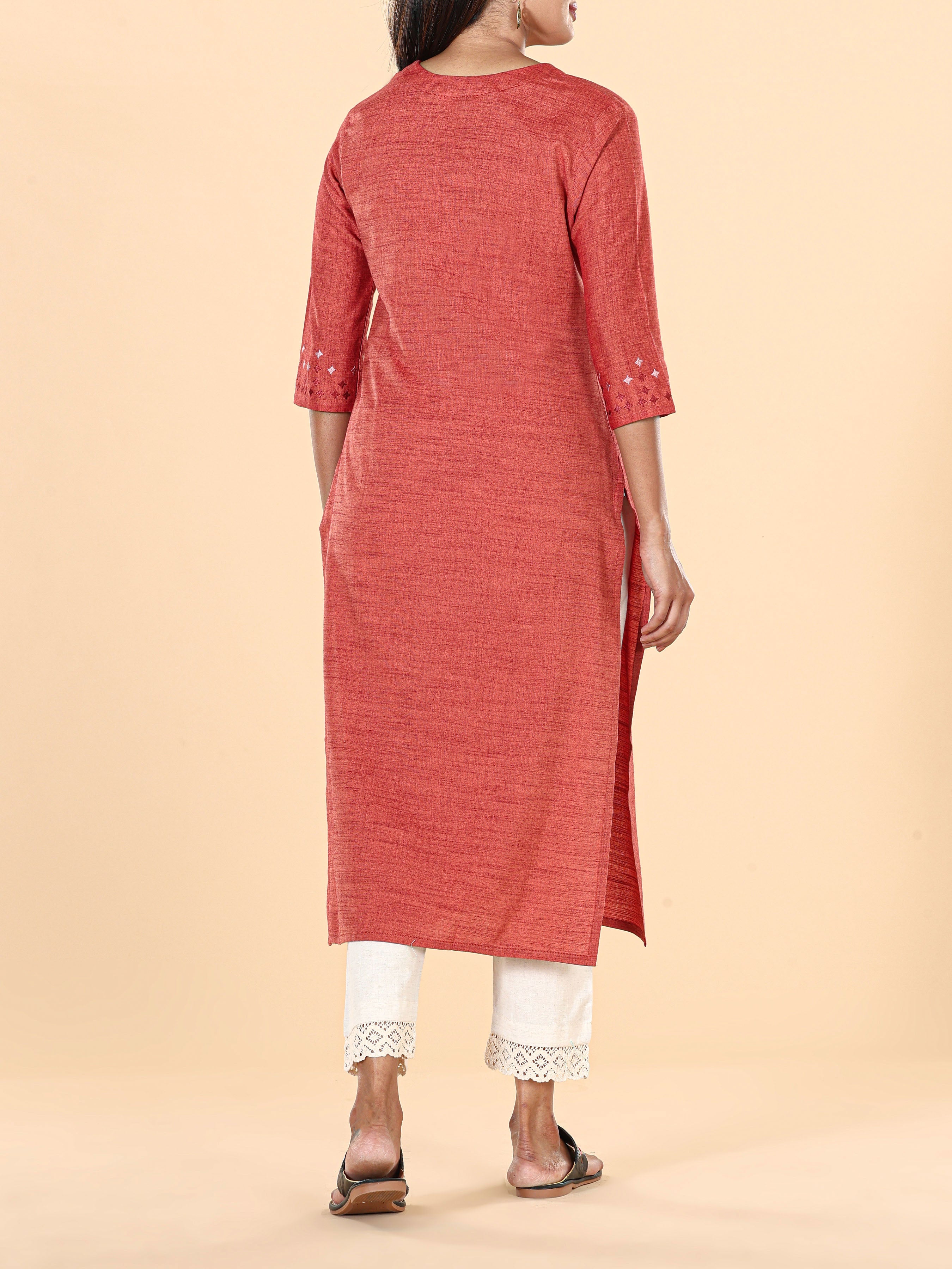 Brick Brown Viscose Kurti With Embroidery