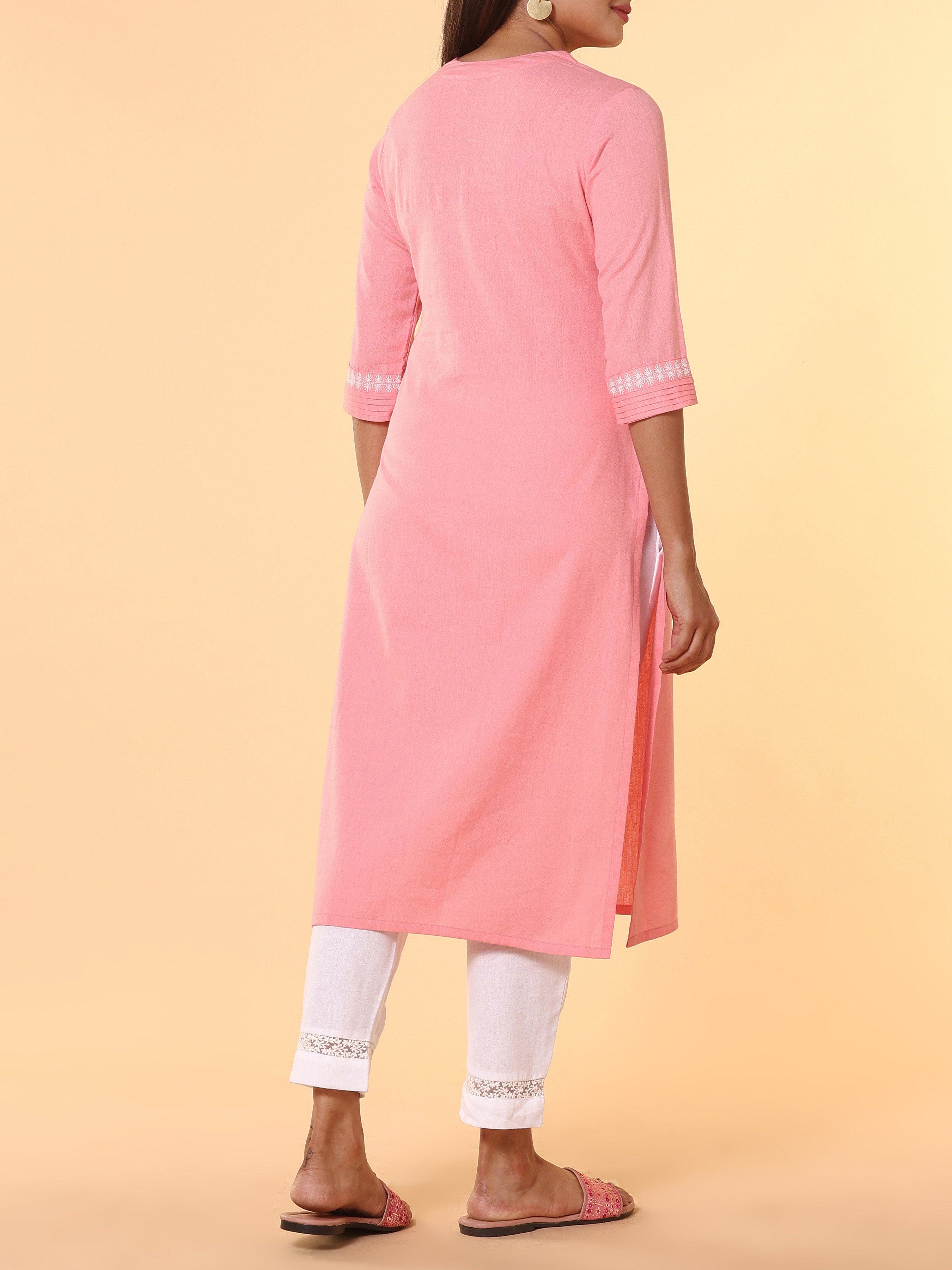 Pink Cotton Flax Kurti With Embroidery