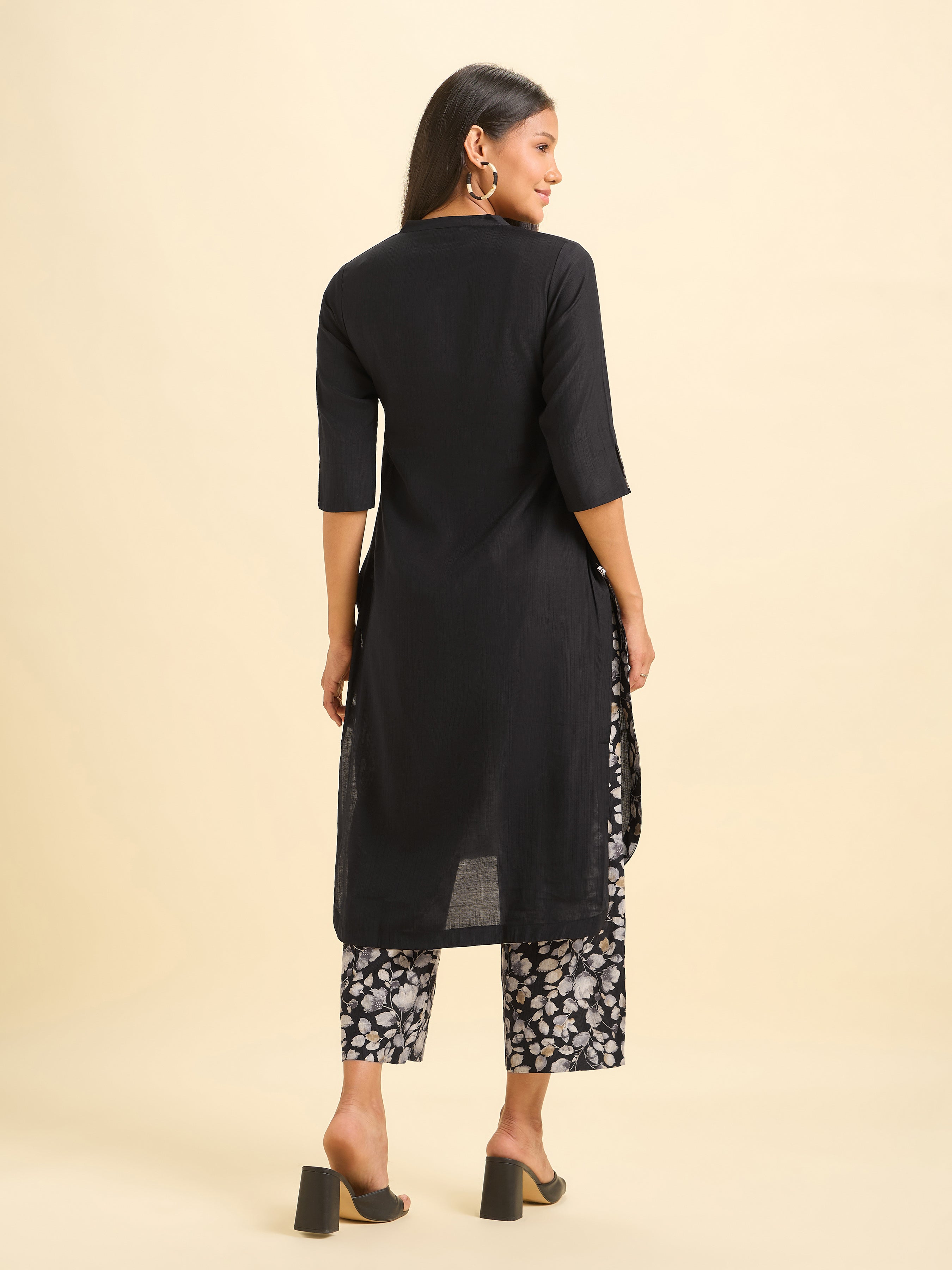 Black Viscose Blend Slit Kurti Set With High - Low Hem Line