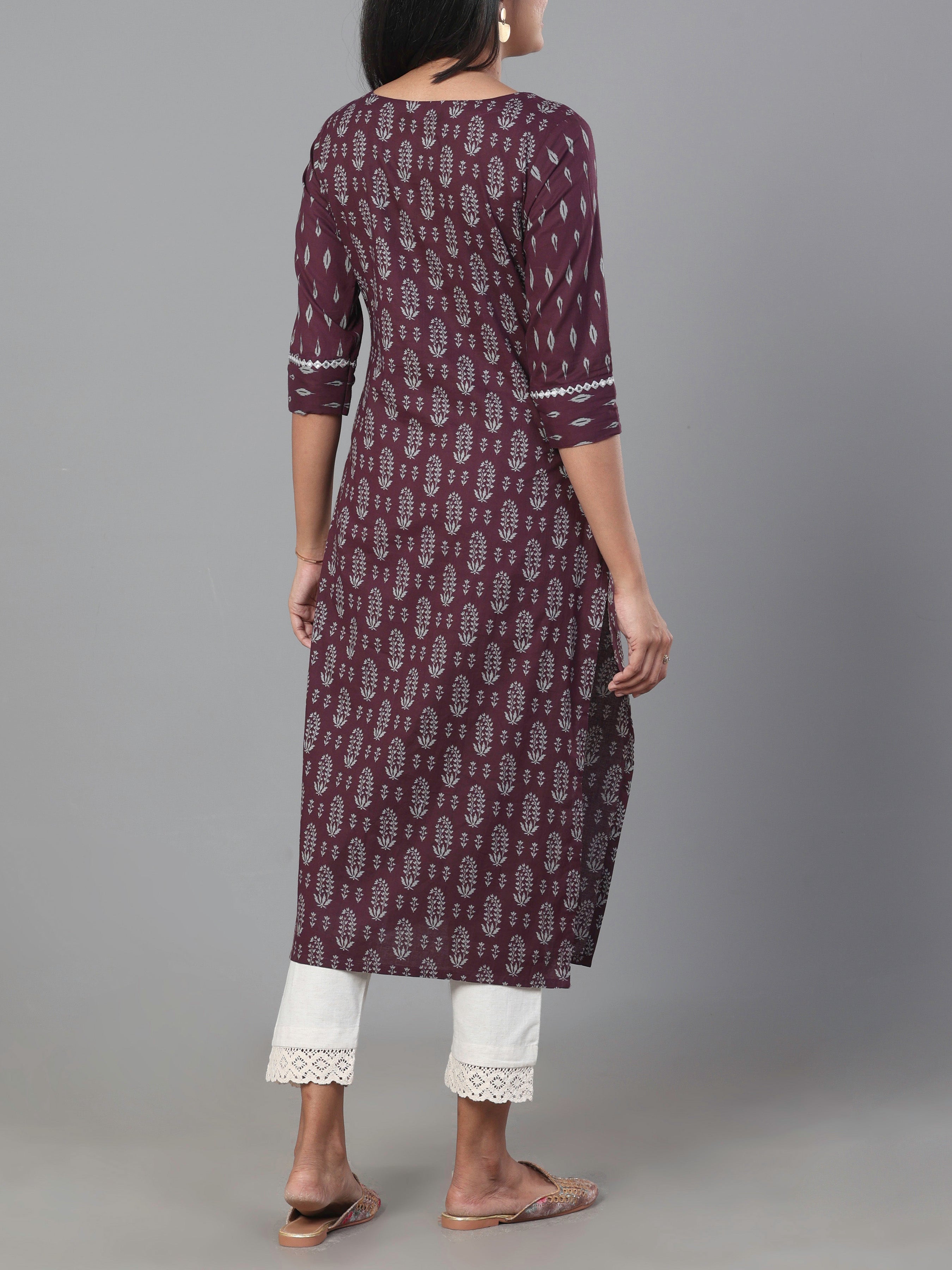 Wine Red Pure Cotton Printed Kurti With Mirror Work