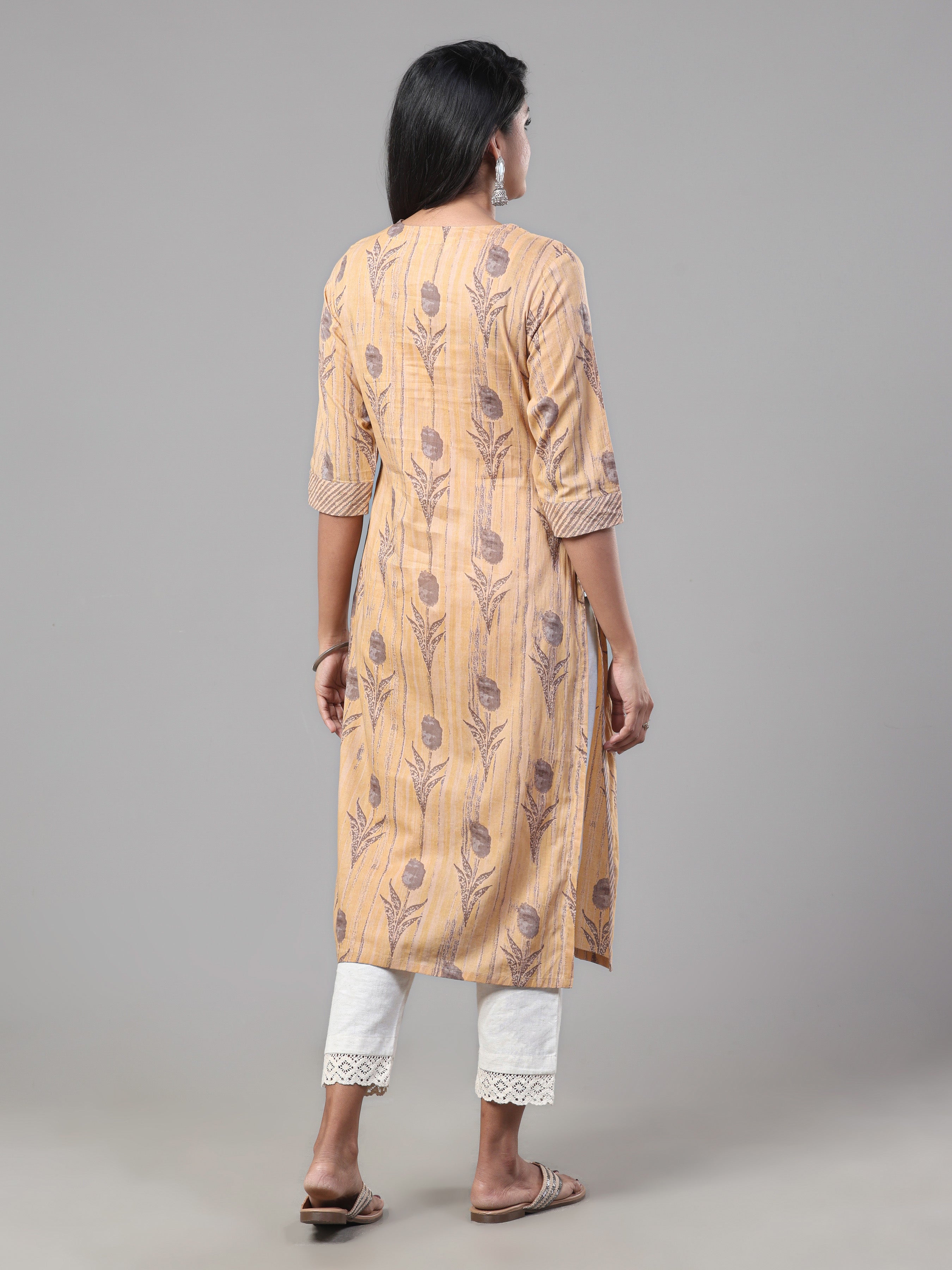 Beige Pure Cotton Printed Kurti With Embroidery