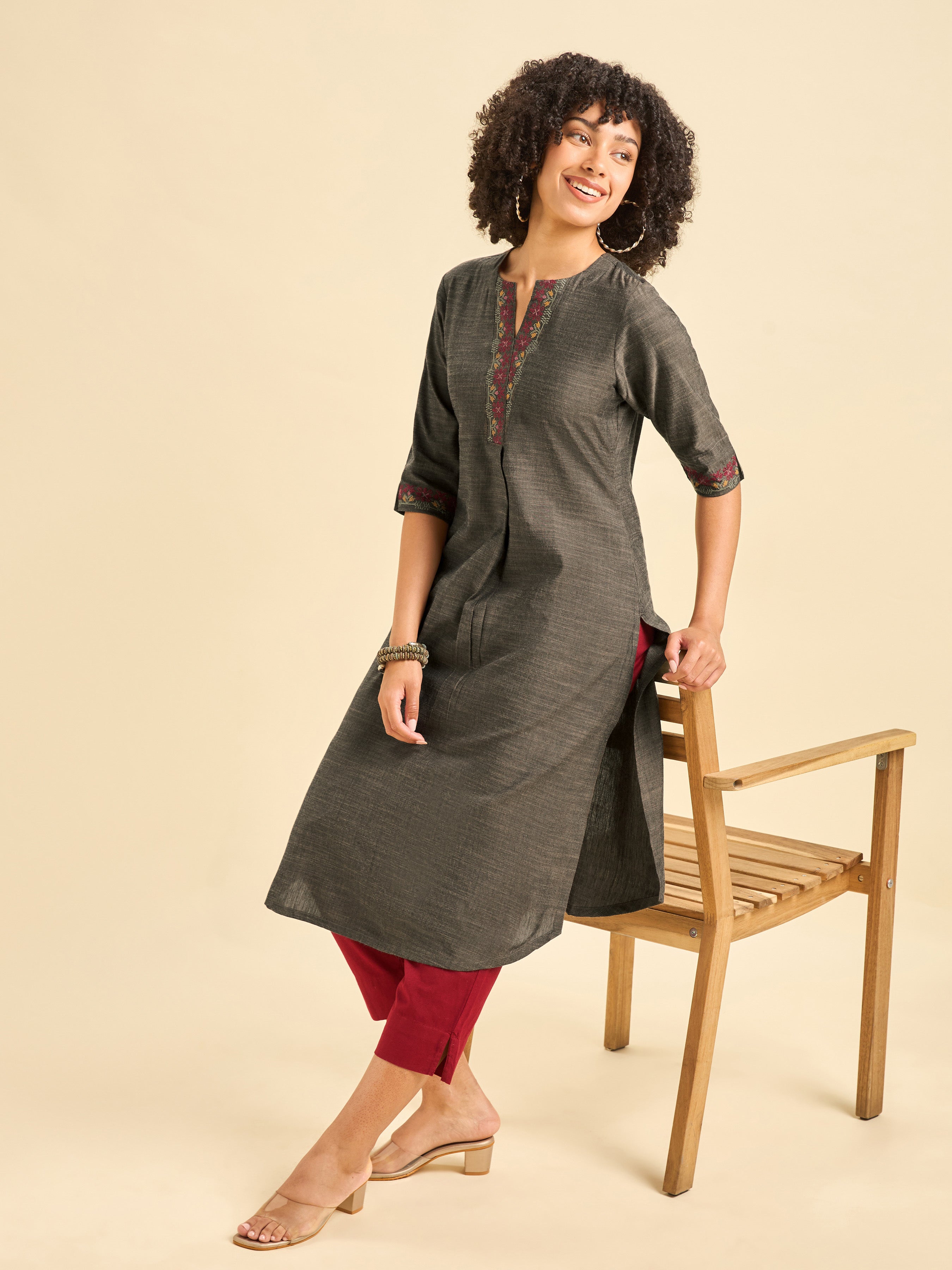 Dark Grey Cotton Viscose Kurti With Cross Stitch Embroidery