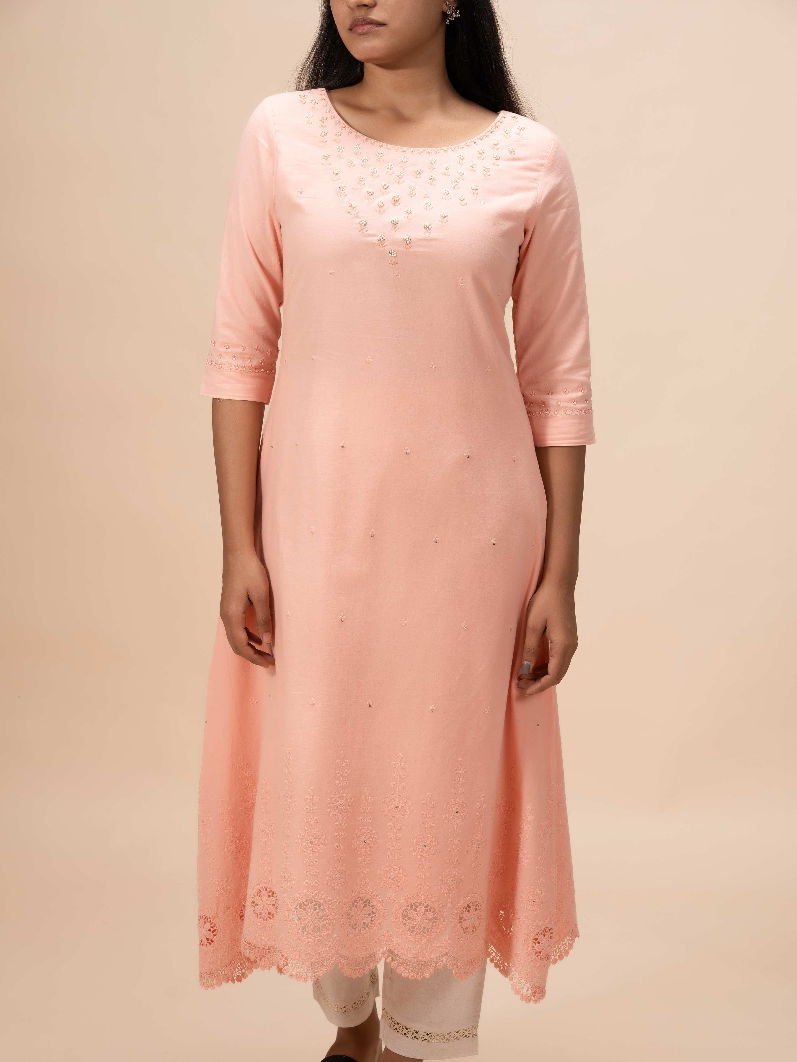 Peach Pure Cotton Kurti With Handwork