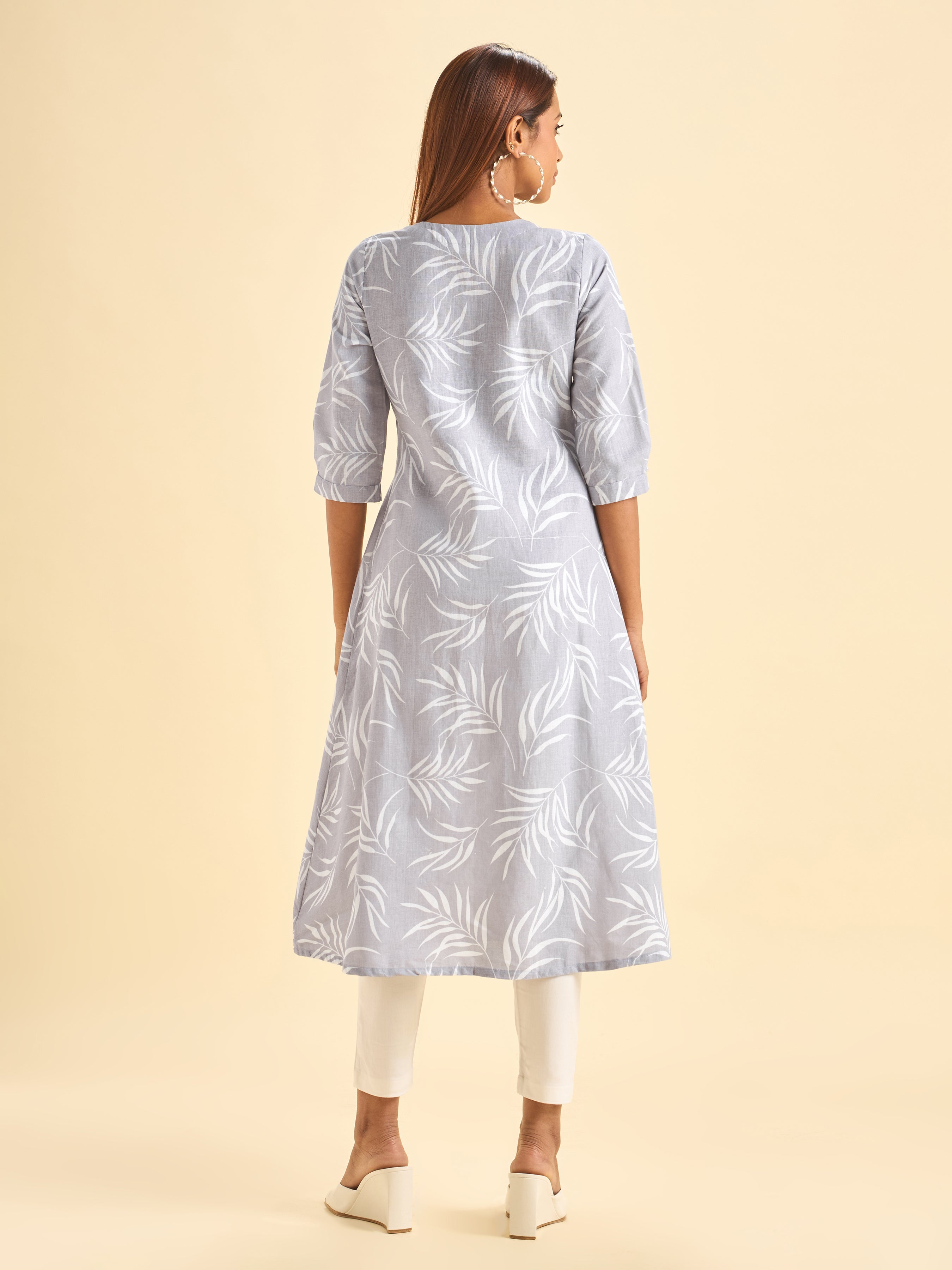 Lilac White Cotton Linen Printed Flared Kurti With Box Pleat