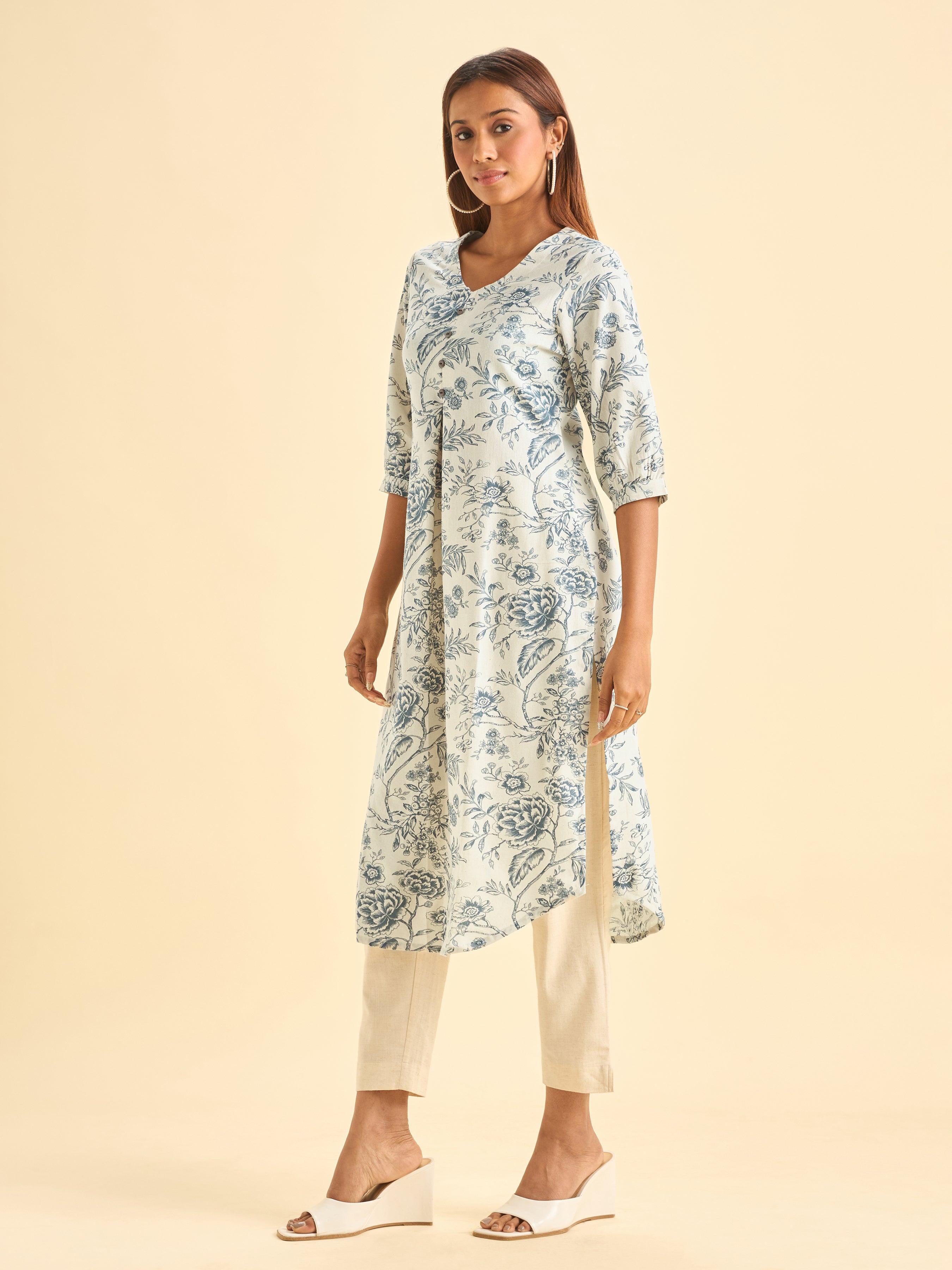 Ivory And Blue Cotton Flax Printed Kurti