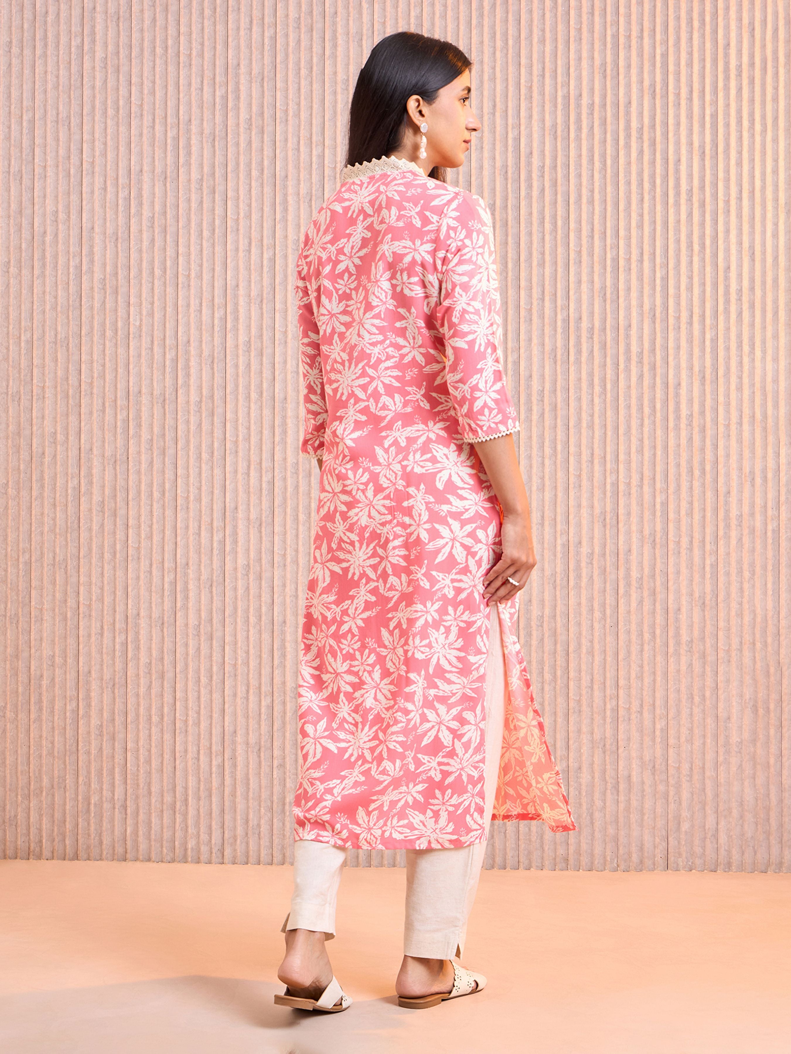 Pink Viscose Printed Kurti With Lace