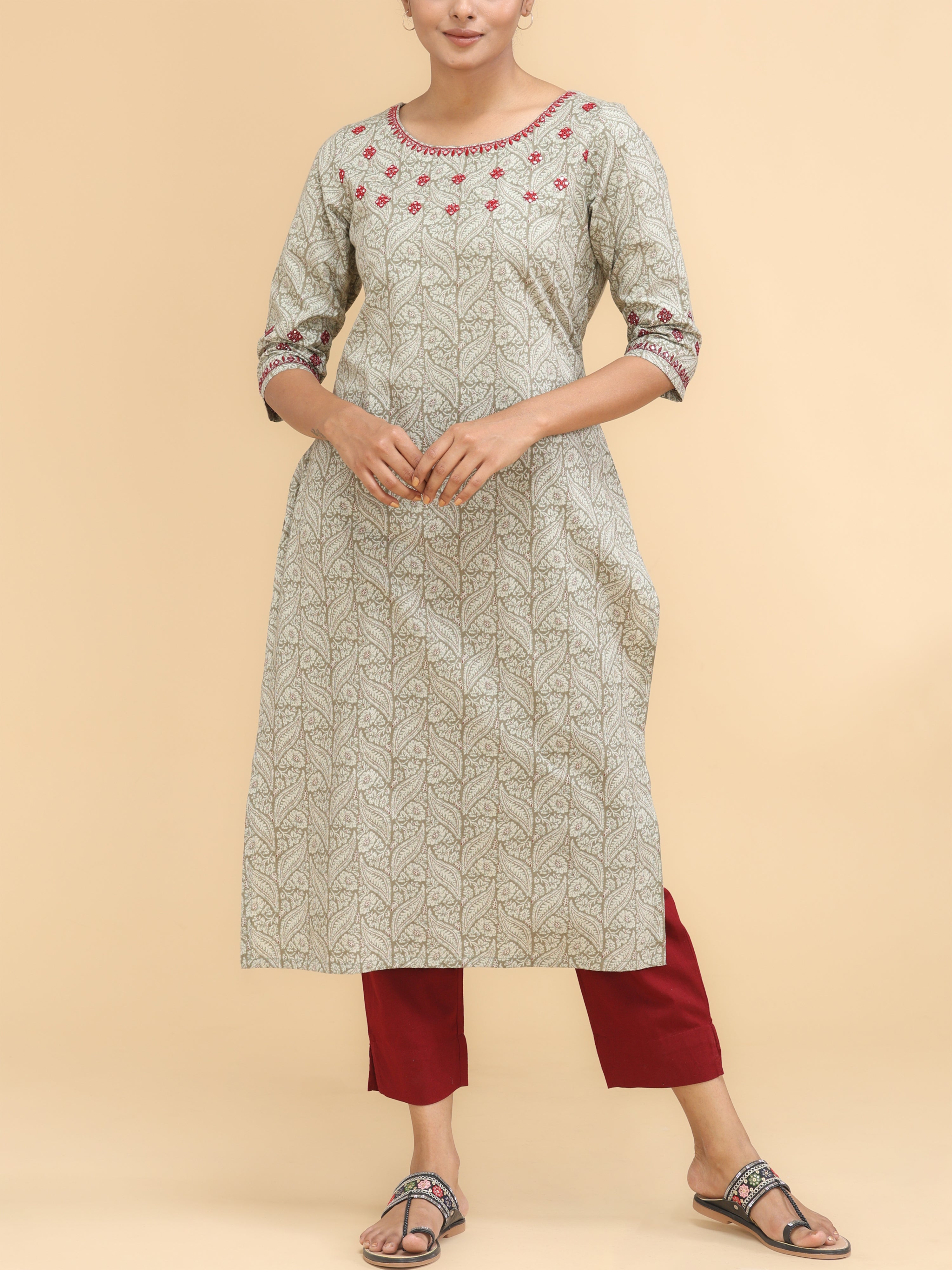 Beige Pure Cotton Printed Kurti With Embroidery