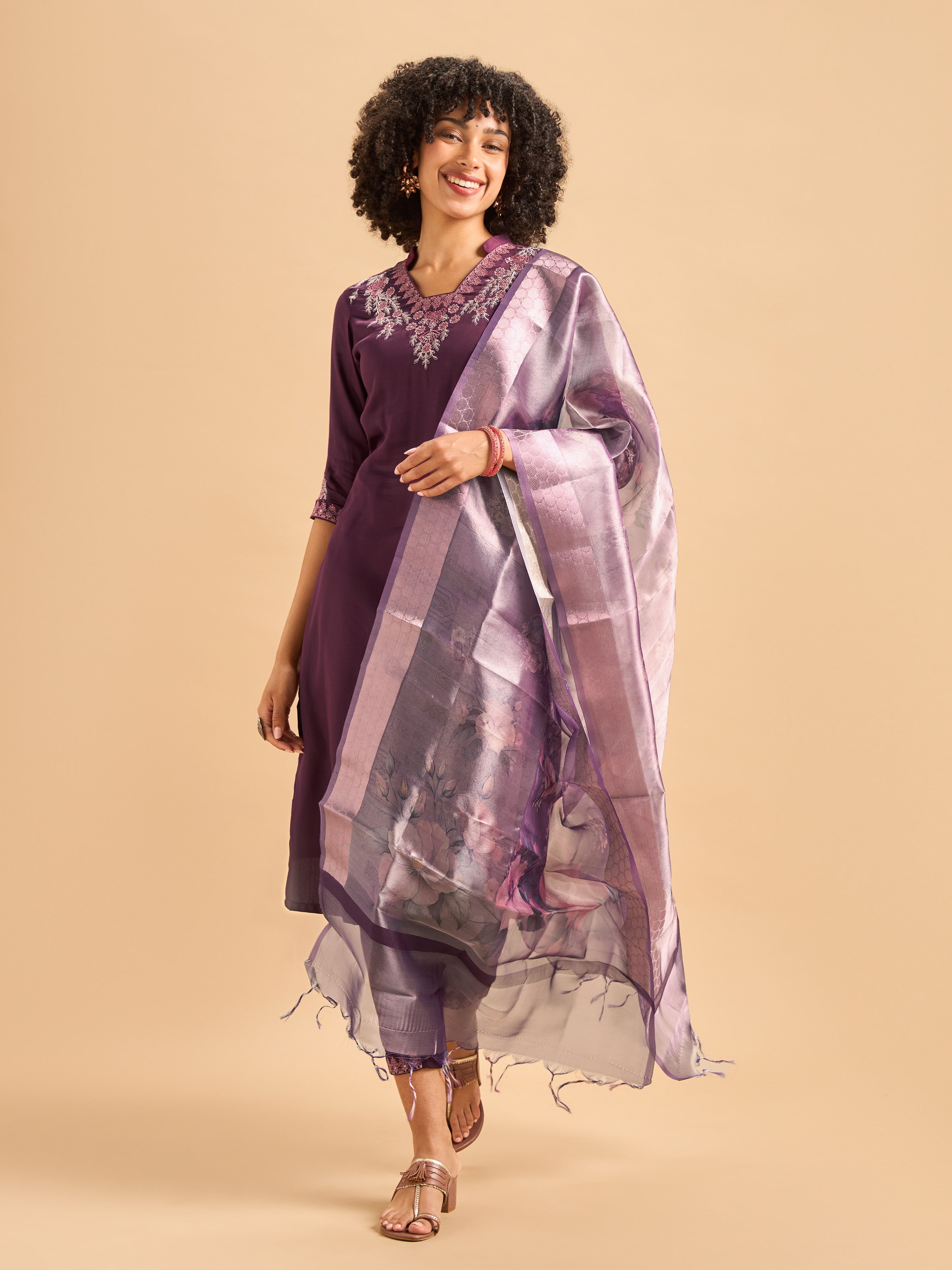 Magenta Modal Satin Kurti Set & Dupatta With Sequins Embroidery