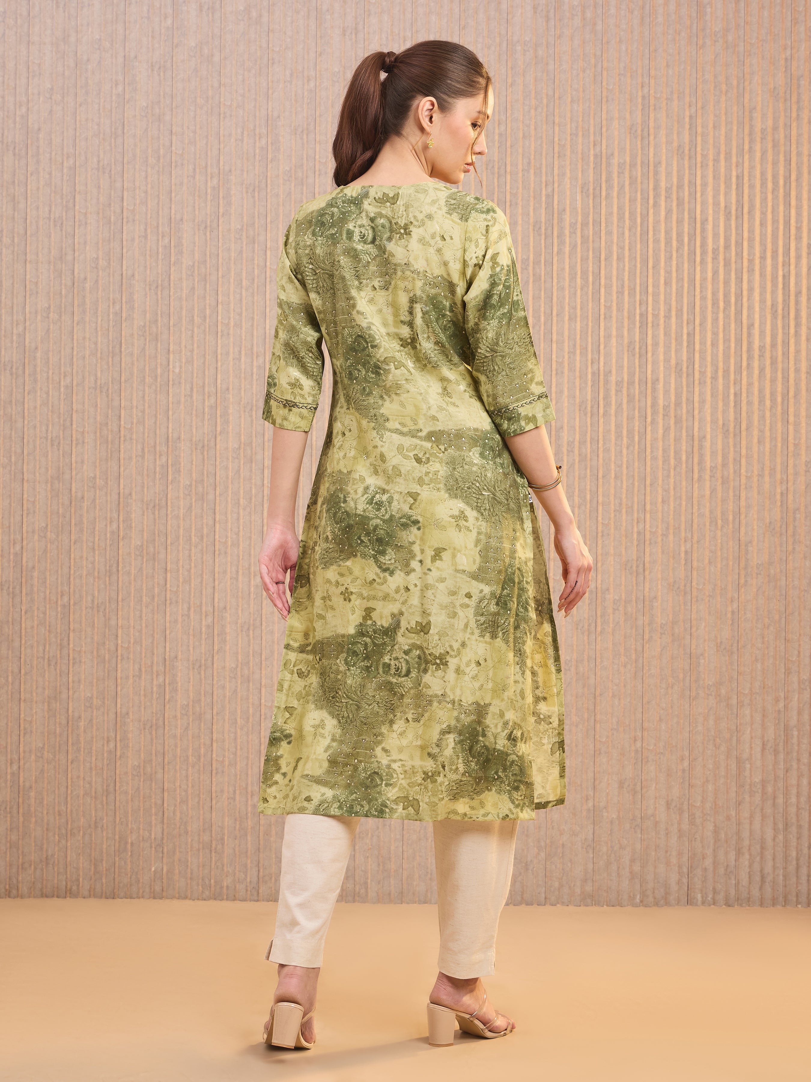 Green Modal Chanderi Foil Printed Kurti With Sequins Work