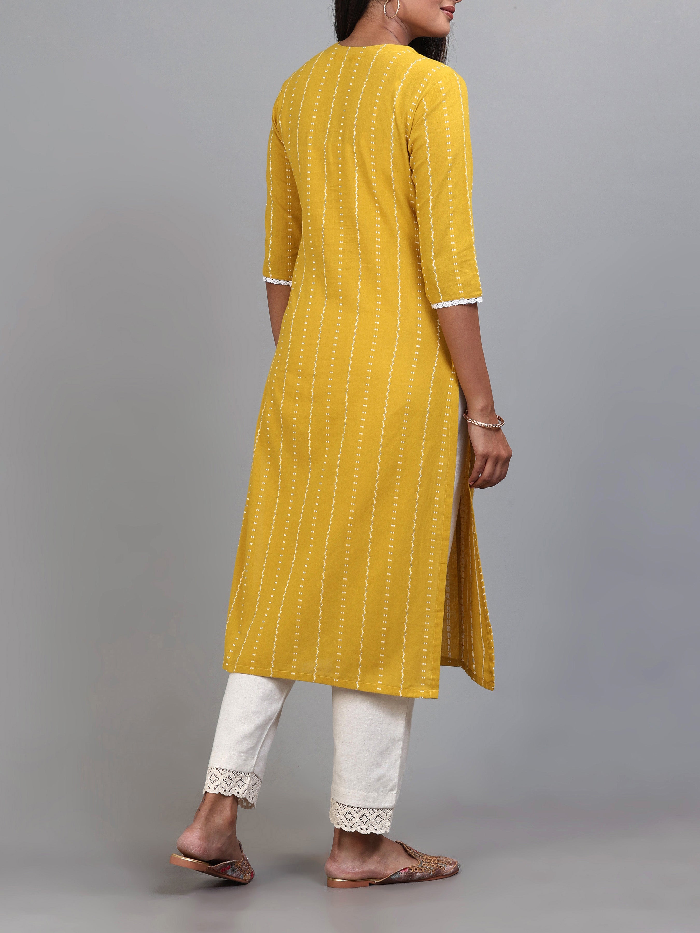Mustard Yellow Cotton Dobby Kurti With Embroidery