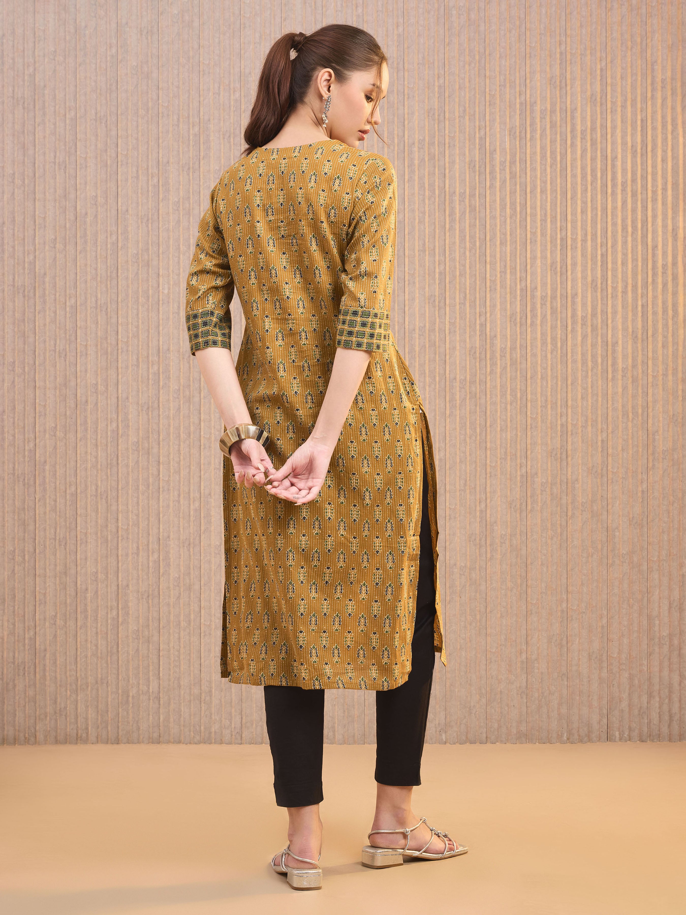 Mustard Yellow Cotton Katha Printed Kurti With Mirror Work Embroidery