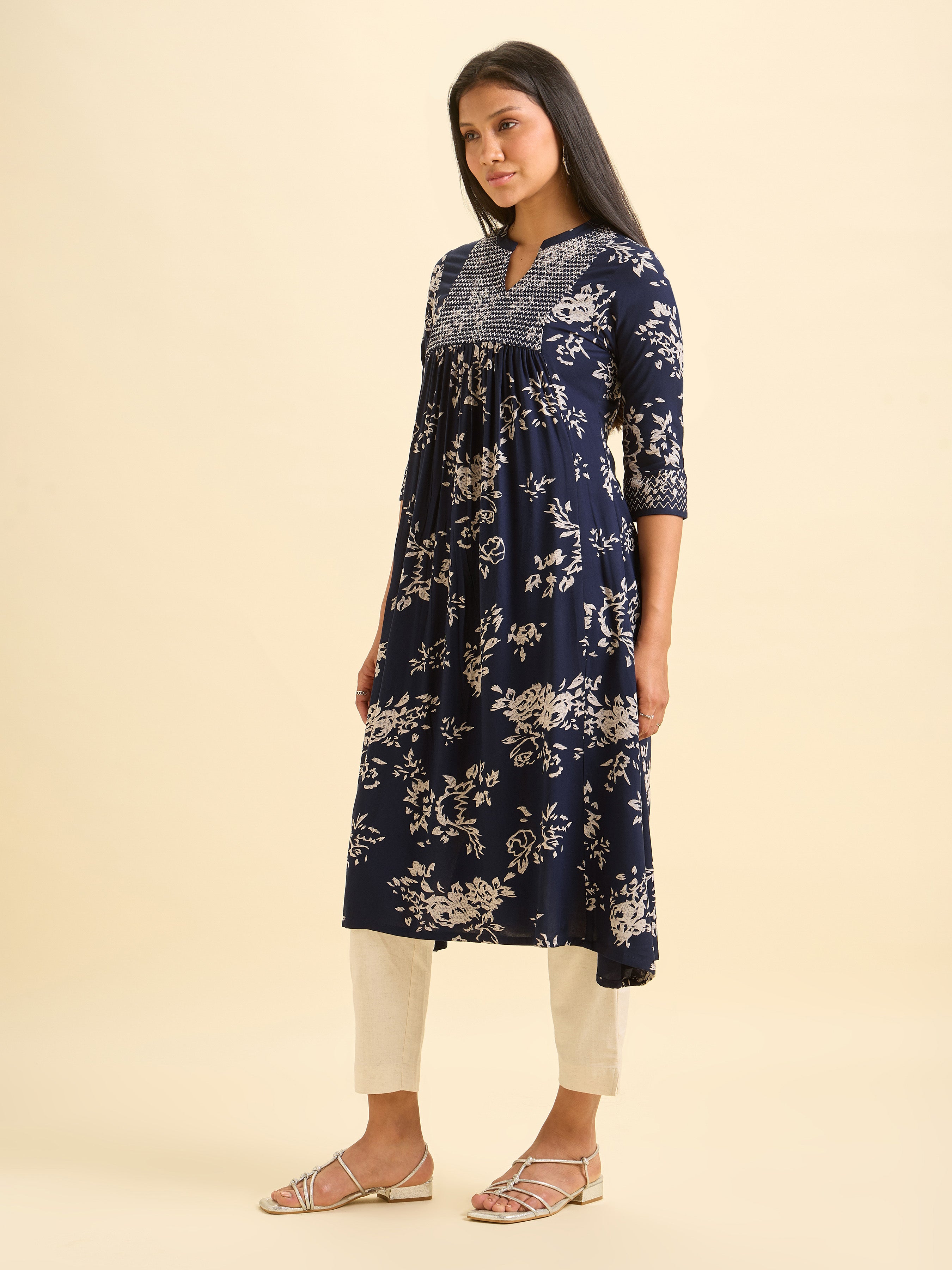 Navy Blue And Ivory Viscose Printed Flared Kurti With Smocking Embroidery