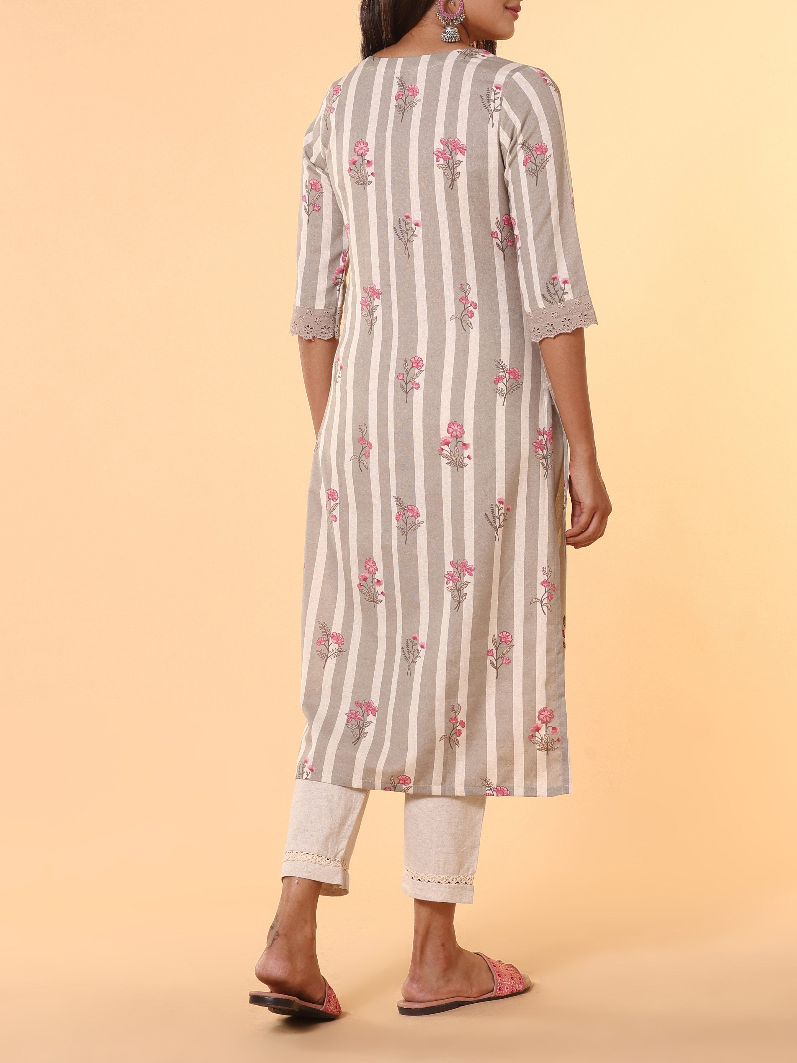 Multi Colour Cotton Flax Printed Kurti With Embroidery And Lace Detailing